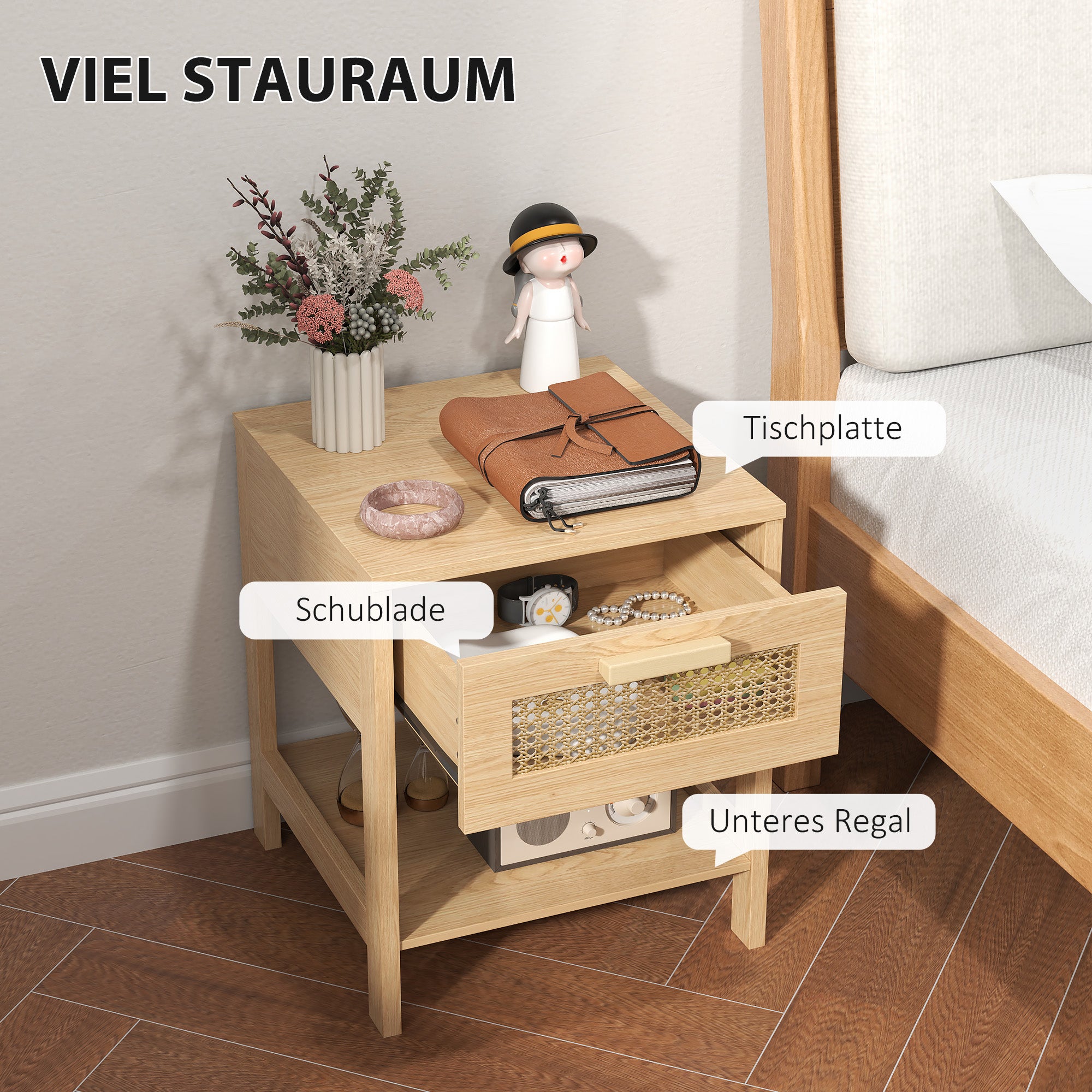 Bedside Table Side Table with Drawer, Shelf, Nightstand with Rattan Design Sofa Table for Bedroom, Living Room, Natural 15.7" x 15.7" x 19.1"