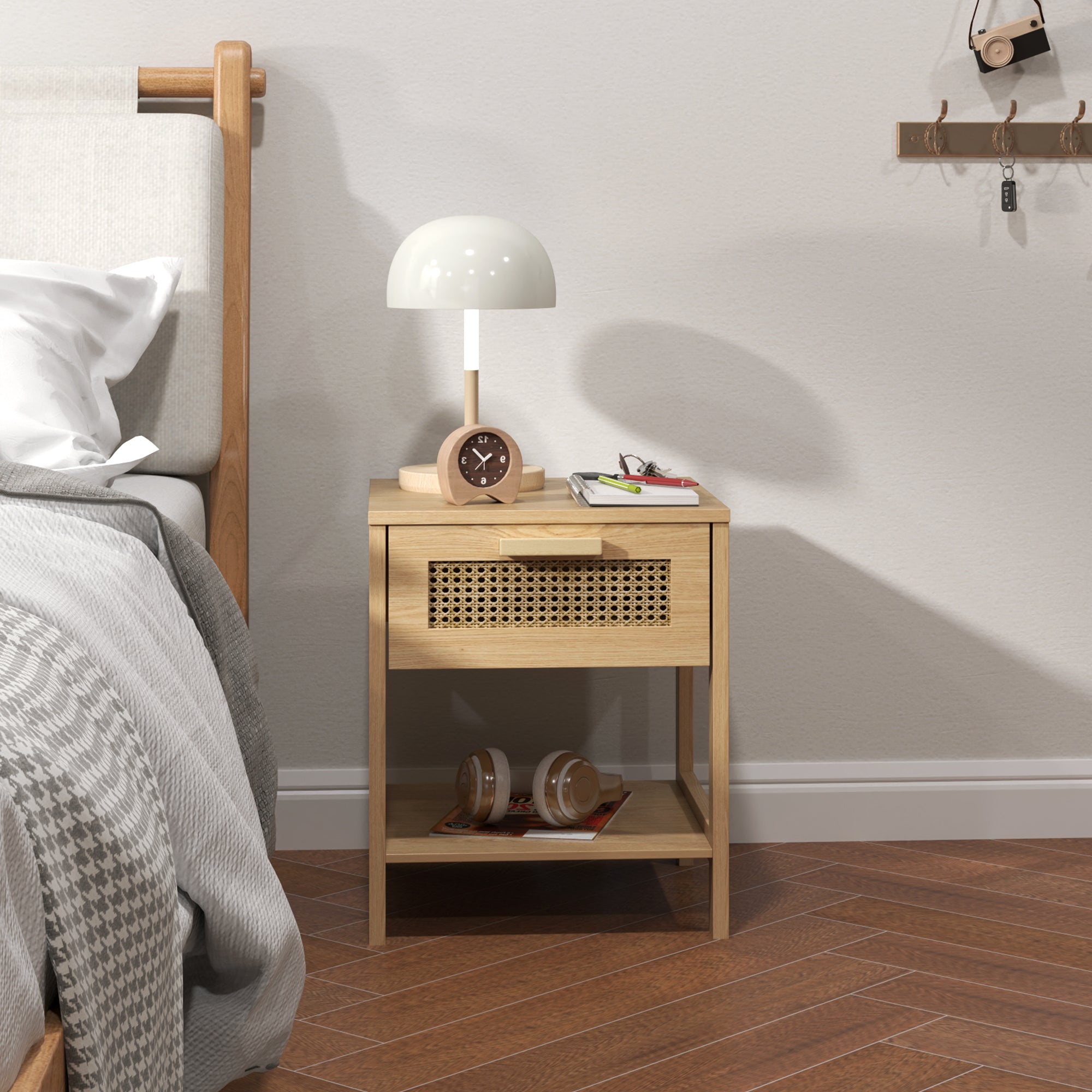Bedside Table Side Table with Drawer, Shelf, Nightstand with Rattan Design Sofa Table for Bedroom, Living Room, Natural 15.7" x 15.7" x 19.1"