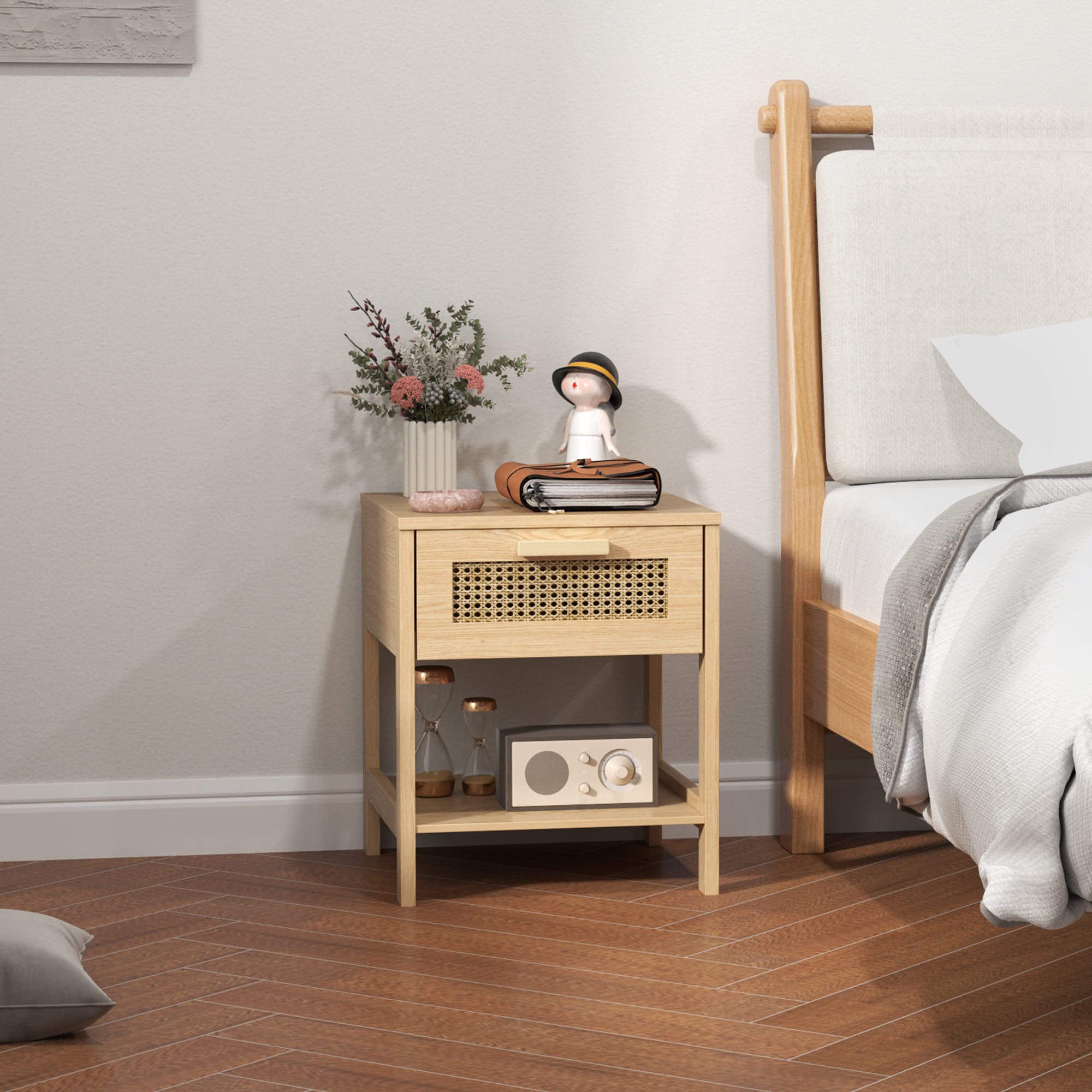 Bedside Table Side Table with Drawer, Shelf, Nightstand with Rattan Design Sofa Table for Bedroom, Living Room, Natural 15.7" x 15.7" x 19.1"