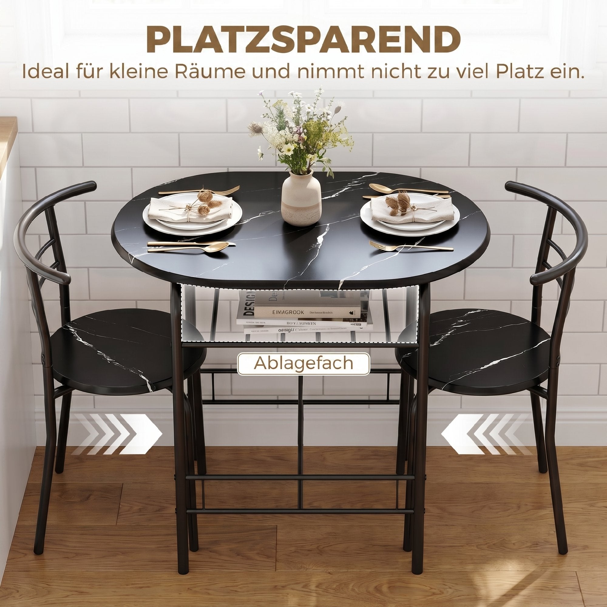 3-Piece Dining Set — 31.5" Kitchen Table with Two Chairs and Shelf, Ideal for Small Spaces, Apartment, Living/Dining Room, Black Marble Finish