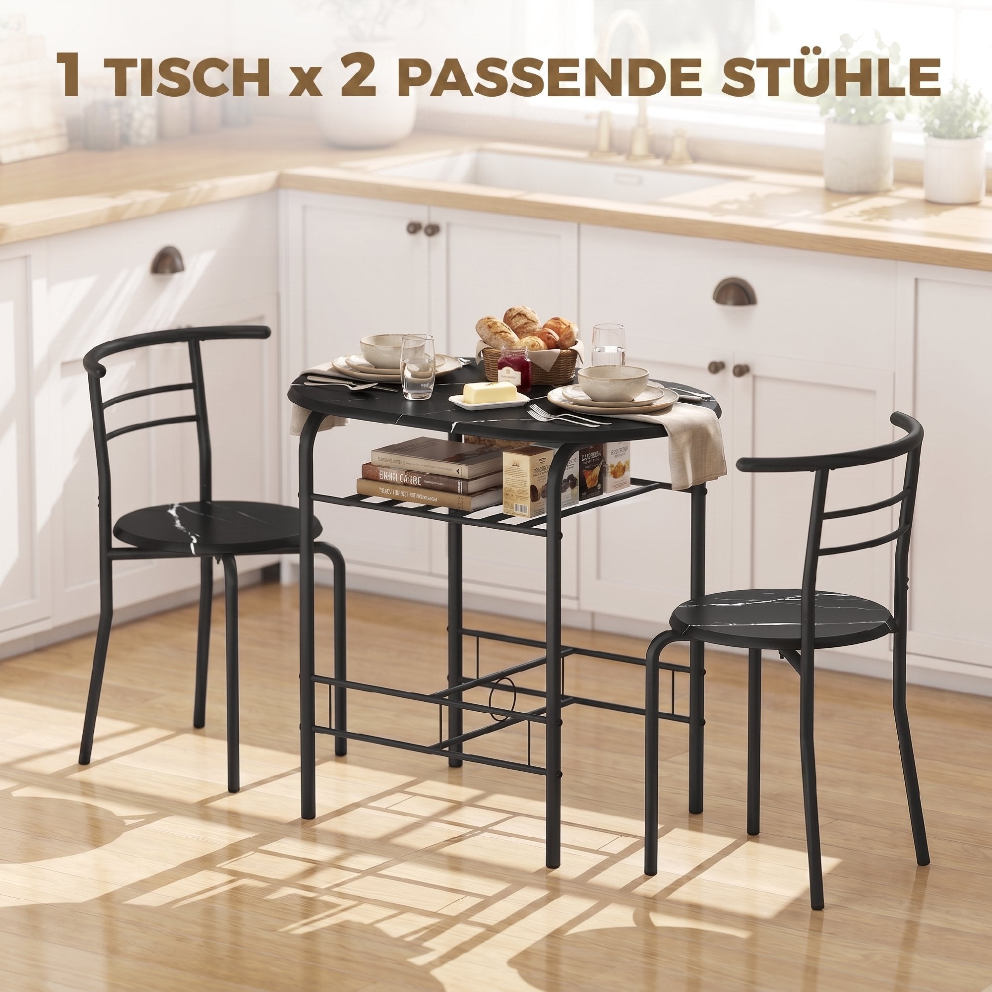 3-Piece Dining Set — 31.5" Kitchen Table with Two Chairs and Shelf, Ideal for Small Spaces, Apartment, Living/Dining Room, Black Marble Finish