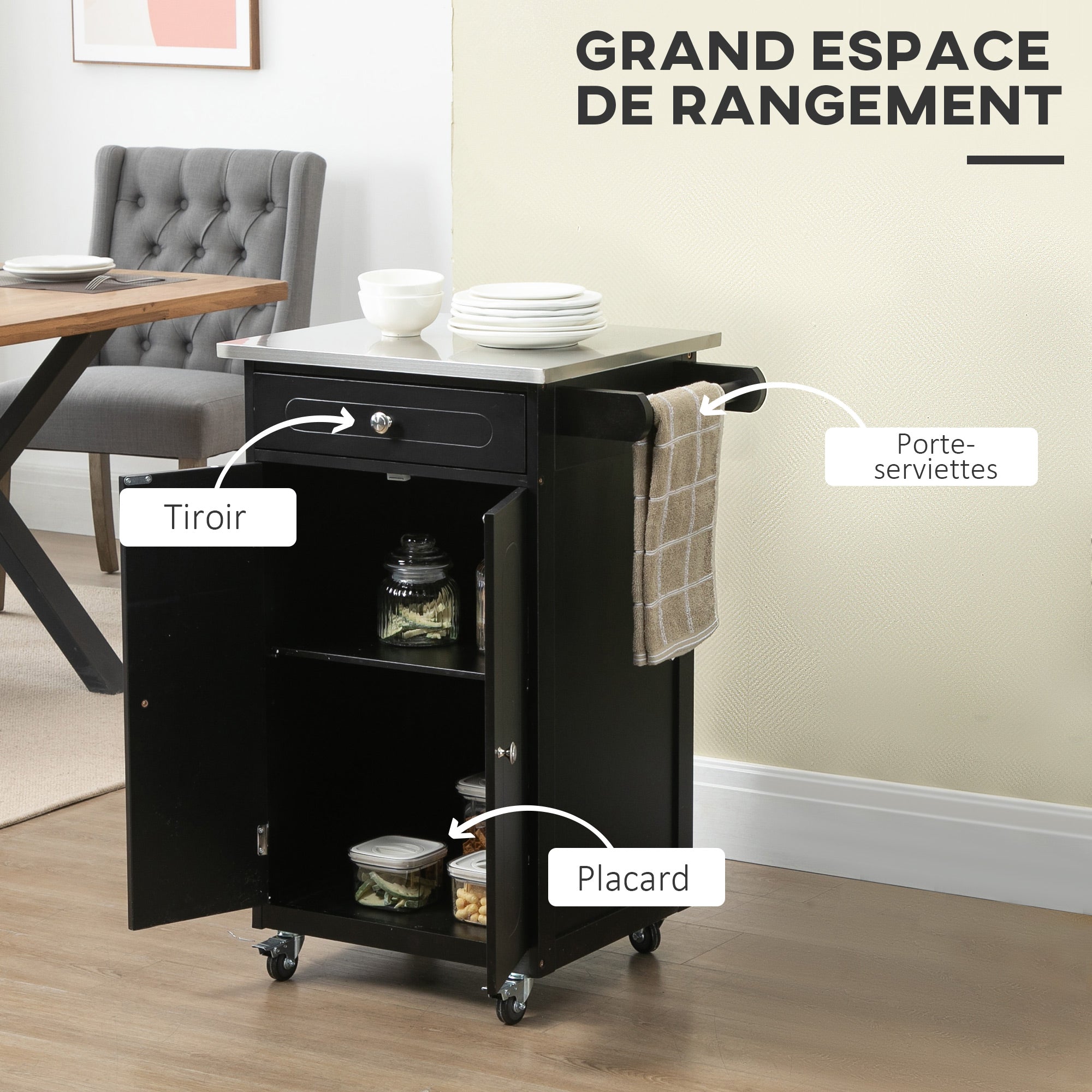 Serving Trolley Kitchen Trolley with Wheels and Multiple Storage Options 1 Drawer Cabinet 2 Doors with Shelf Dishcloth Holder MDF Black Stainless Steel