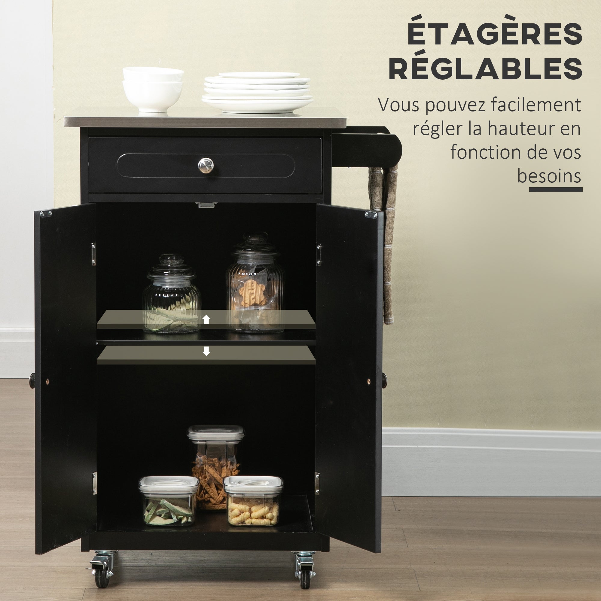 Serving Trolley Kitchen Trolley with Wheels and Multiple Storage Options 1 Drawer Cabinet 2 Doors with Shelf Dishcloth Holder MDF Black Stainless Steel