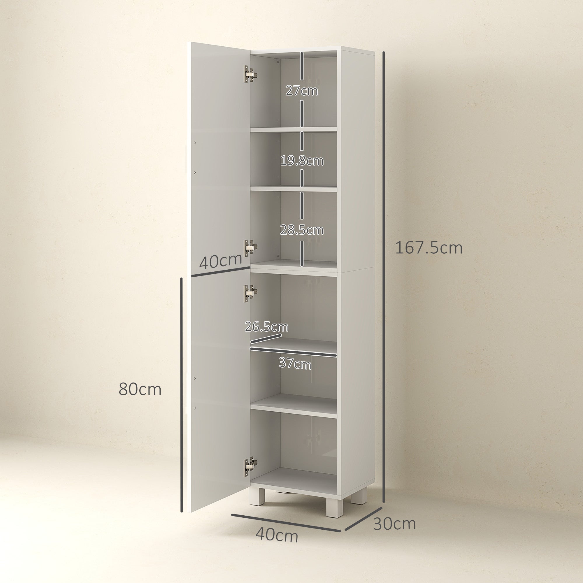 Modern Space-Saving Bathroom Column with Two Cabinets, Tall Bathroom Cabinet with Adjustable Shelves in White MDF Wood, 40x30x167.5 cm, Glossy White