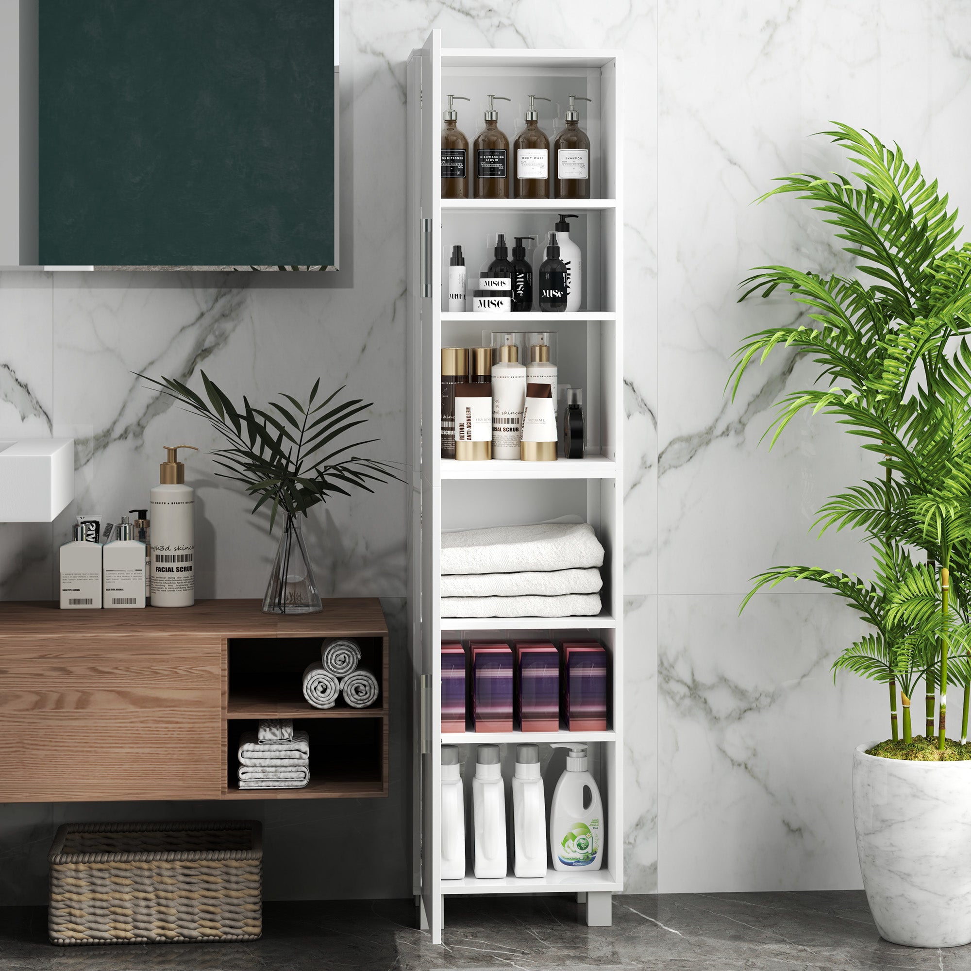 Modern Space-Saving Bathroom Column with Two Cabinets, Tall Bathroom Cabinet with Adjustable Shelves in White MDF Wood, 40x30x167.5 cm, Glossy White