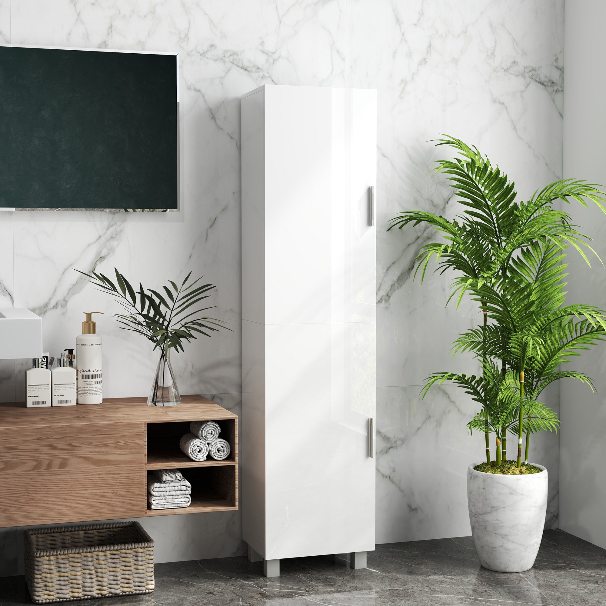 Modern Space-Saving Bathroom Column with Two Cabinets, Tall Bathroom Cabinet with Adjustable Shelves in White MDF Wood, 40x30x167.5 cm, Glossy White