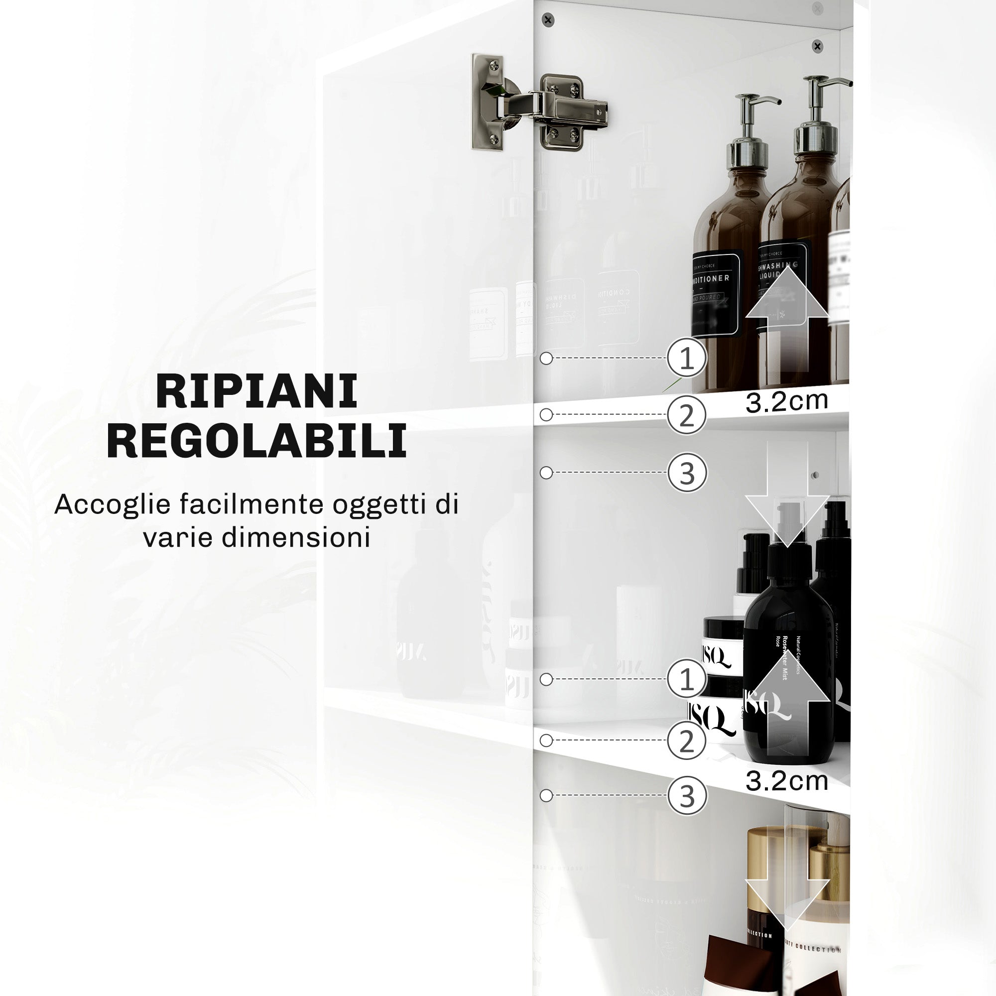 Modern Space-Saving Bathroom Column with Two Cabinets, Tall Bathroom Cabinet with Adjustable Shelves in White MDF Wood, 40x30x167.5 cm, Glossy White