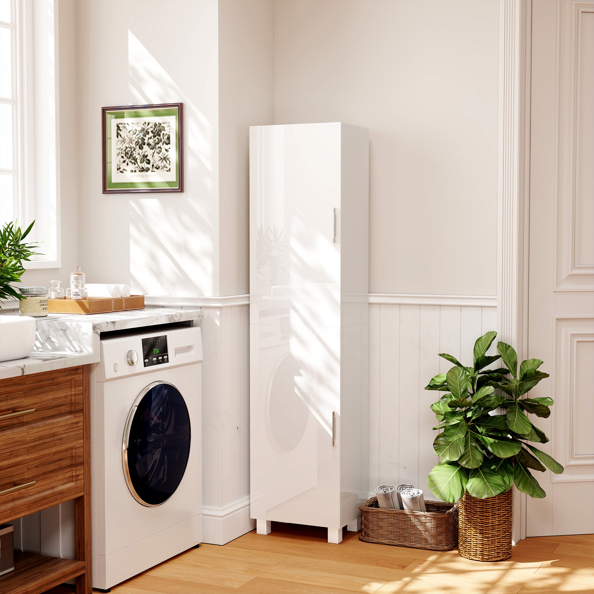 Modern Space-Saving Bathroom Column with Two Cabinets, Tall Bathroom Cabinet with Adjustable Shelves in White MDF Wood, 40x30x167.5 cm, Glossy White