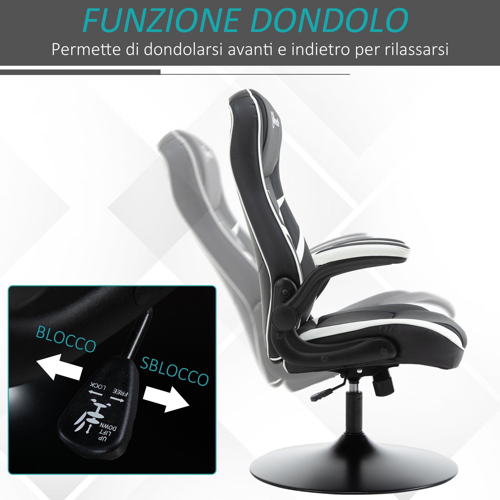 Ergonomic Office Gaming Chair, Adjustable Height, Fixed Base, Foldable Armrests Black and White