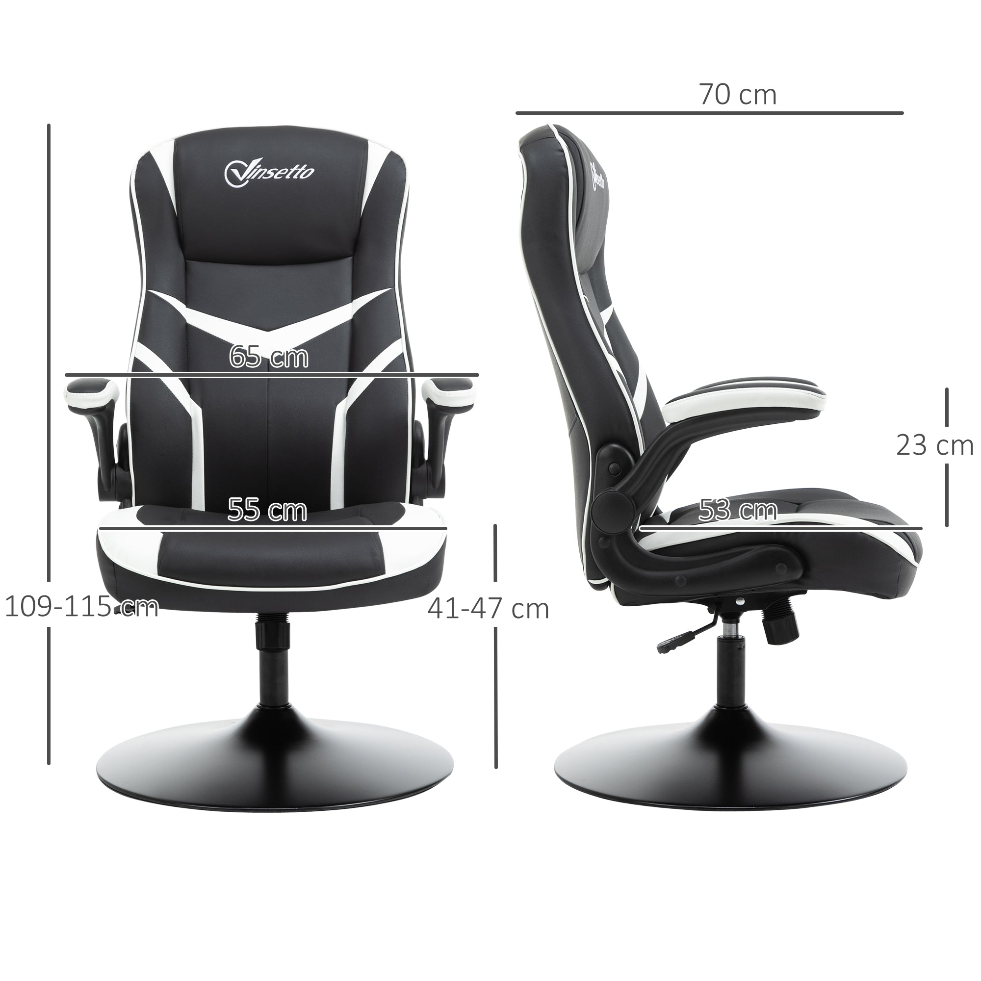 Ergonomic Office Gaming Chair, Adjustable Height, Fixed Base, Foldable Armrests Black and White