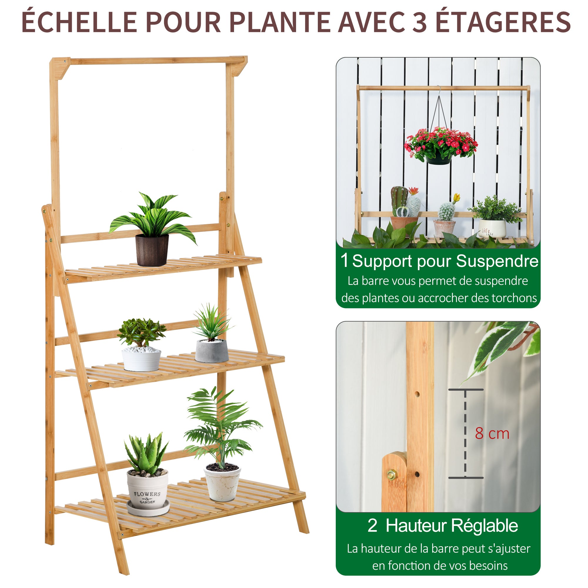 Flower Shelf Pot Holder Plant Stand in Bamboo Wood 3 Levels + Support Bar for Hanging Pots for Indoor Balcony Garden Terrace