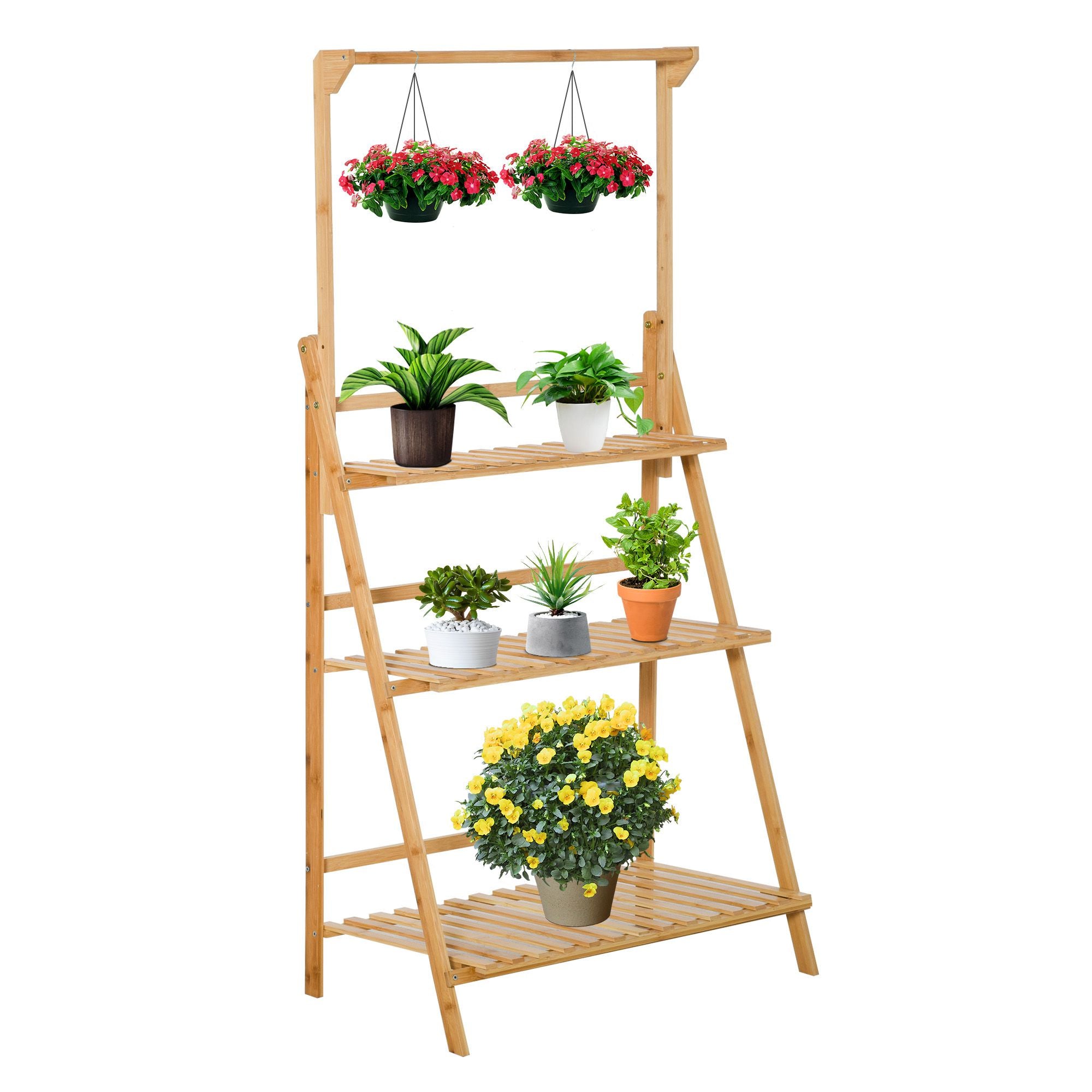 Flower Shelf Pot Holder Plant Stand in Bamboo Wood 3 Levels + Support Bar for Hanging Pots for Indoor Balcony Garden Terrace