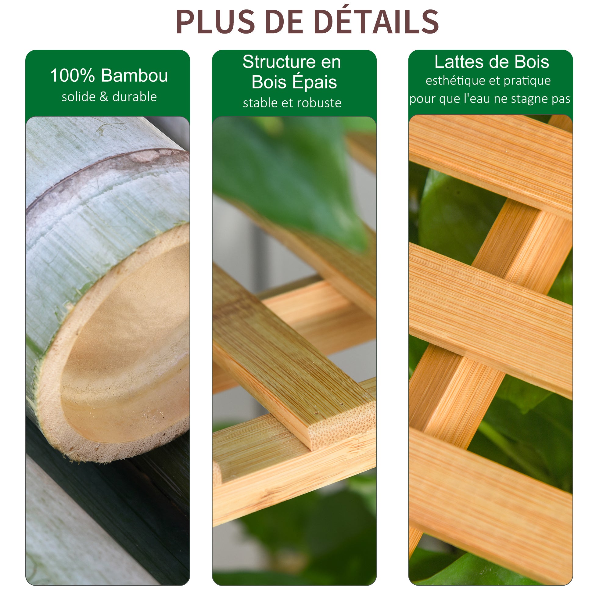 Flower Shelf Pot Holder Plant Stand in Bamboo Wood 3 Levels + Support Bar for Hanging Pots for Indoor Balcony Garden Terrace