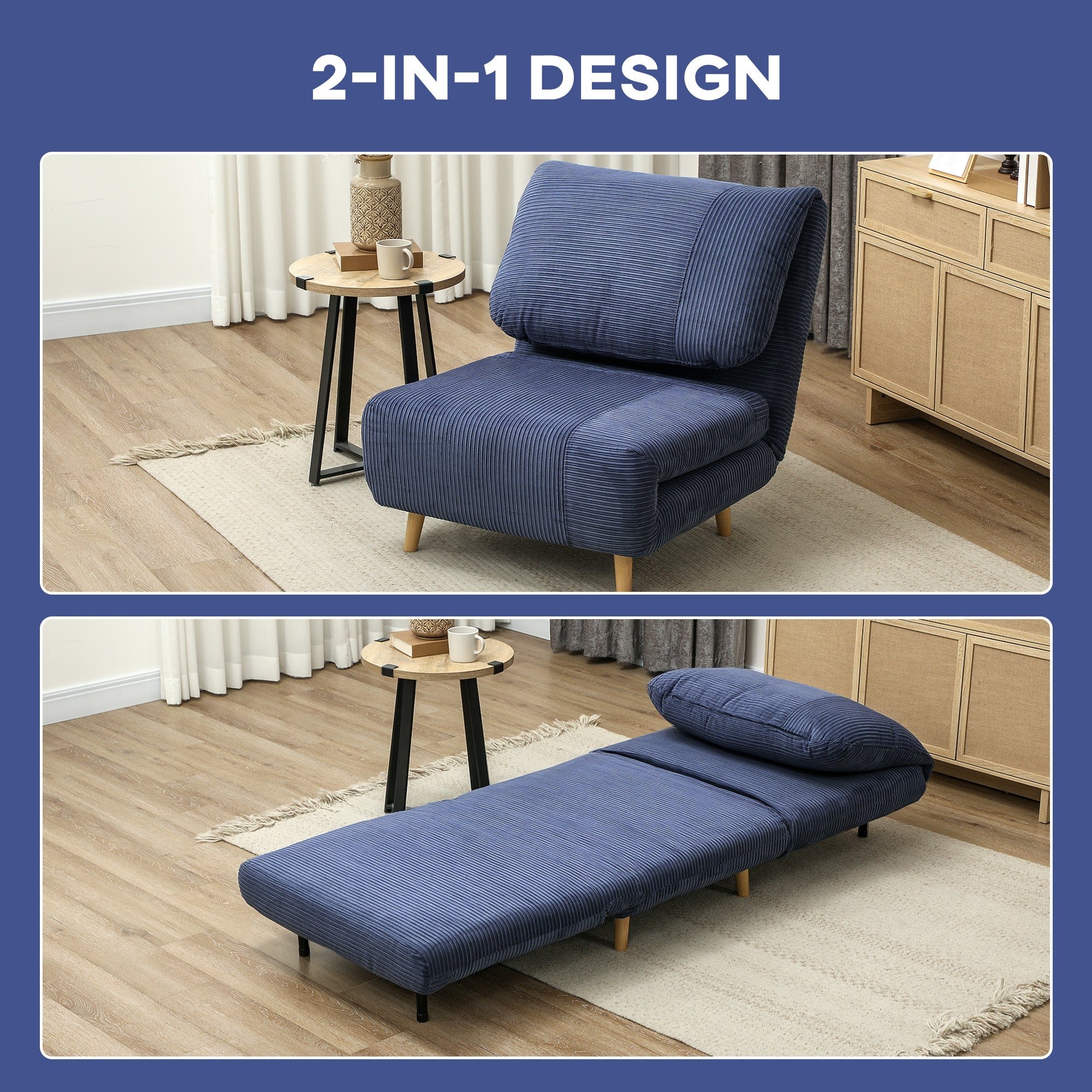 2-in-1 Sleeper Sofa Sleeper Chair Adjustable Folding Mattress Guest Bed in Corduroy Look, for Bedroom, Living Room Blue 82 x 89 x 83 cm
