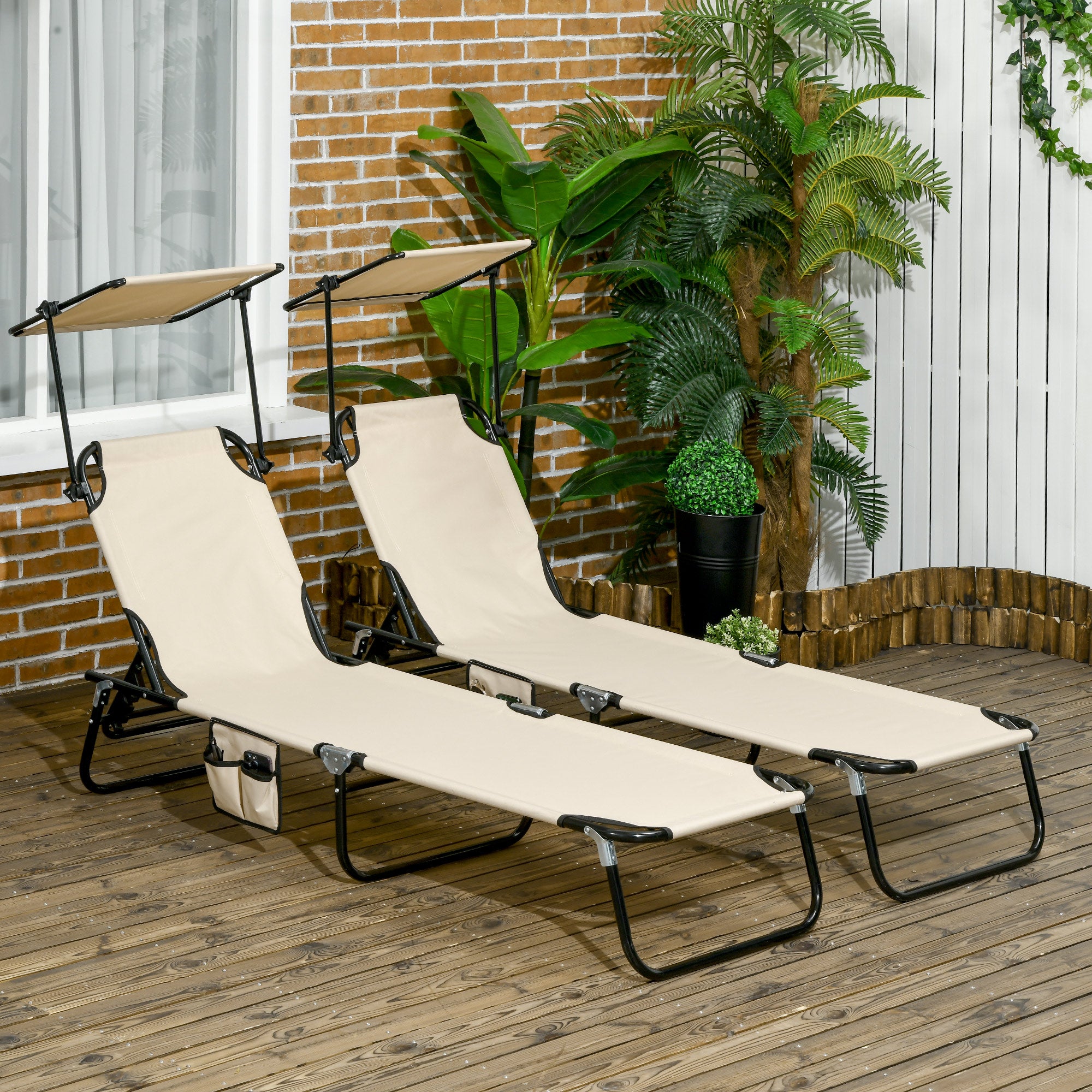 2-Pack Folding Sun Loungers with Canopy — 5-Position Adjustable Backrest, 265 lb Capacity, Outdoor Pool & Beach Chairs, Brown