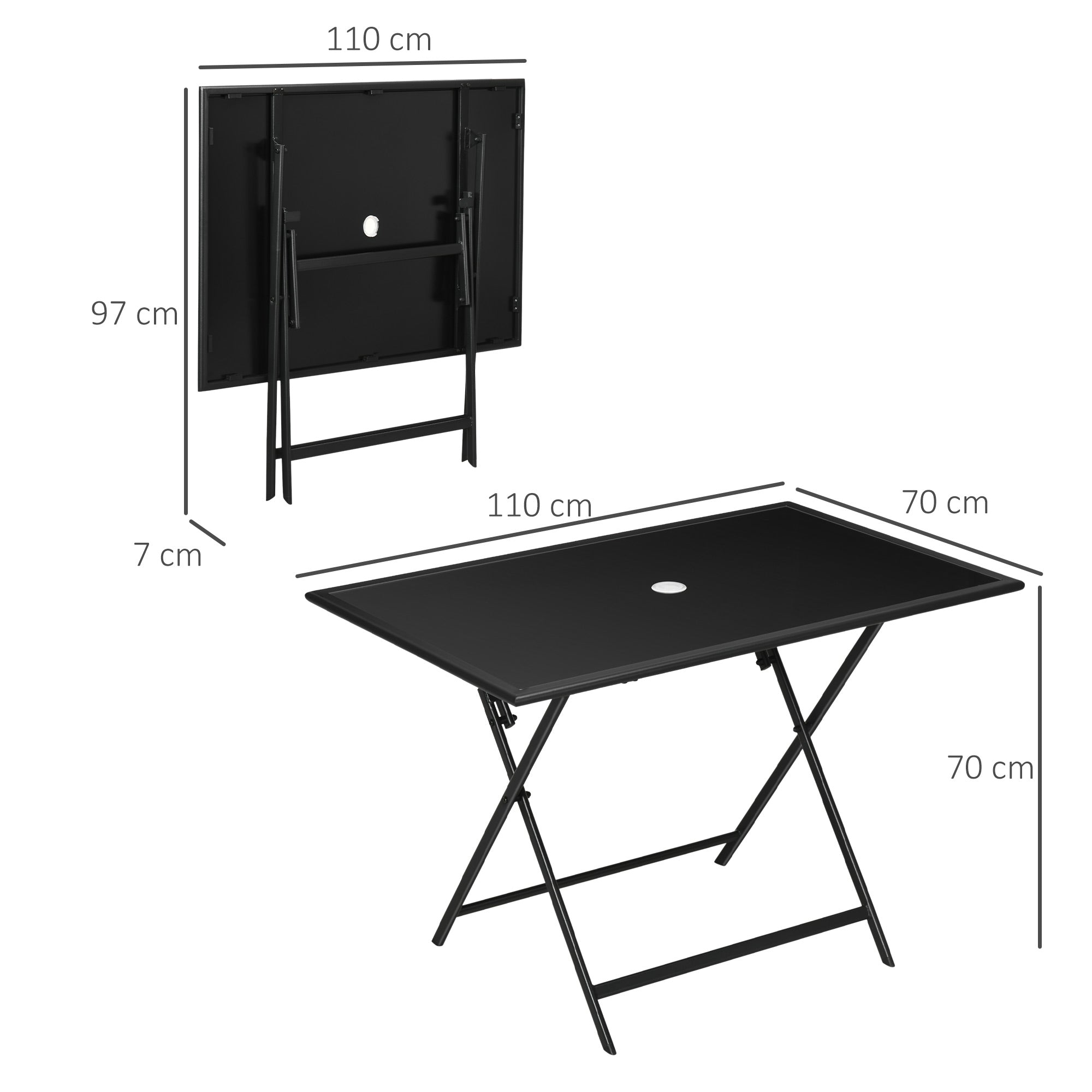 Foldable Garden Dining Table for 6 People, with Tempered Glass Top, Rectangular Outdoor Table with Umbrella Hole for Garden, Patio, Terrace, 110 x 70 x 70 cm, Black