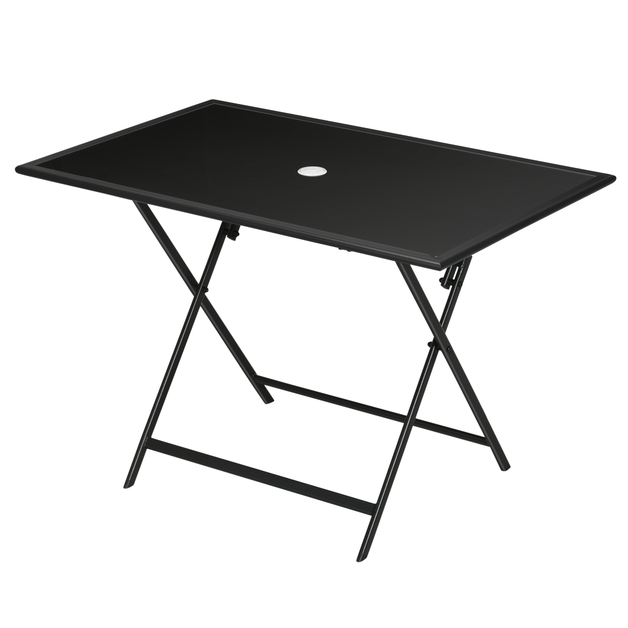 Foldable Garden Dining Table for 6 People, with Tempered Glass Top, Rectangular Outdoor Table with Umbrella Hole for Garden, Patio, Terrace, 110 x 70 x 70 cm, Black
