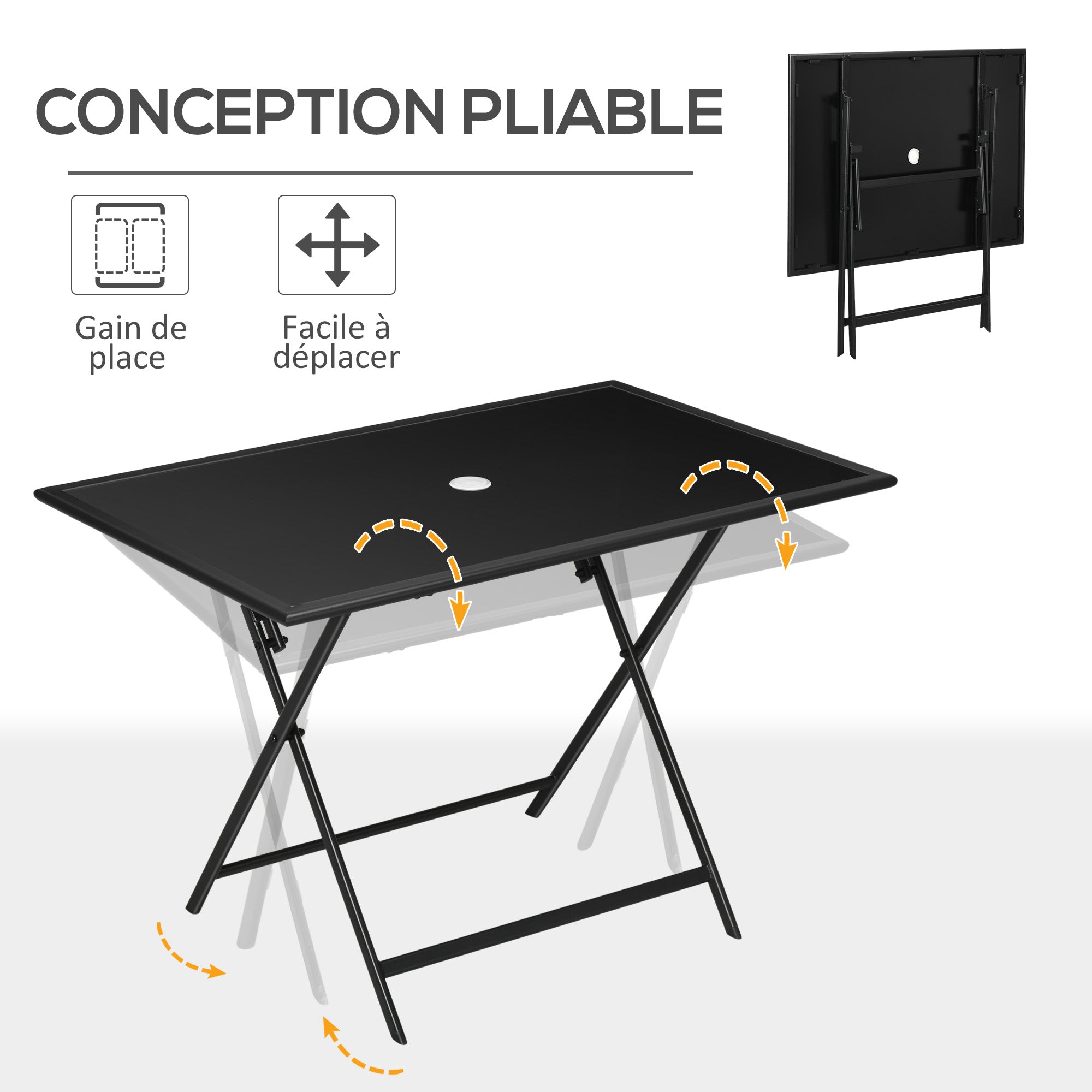 Foldable Garden Dining Table for 6 People, with Tempered Glass Top, Rectangular Outdoor Table with Umbrella Hole for Garden, Patio, Terrace, 110 x 70 x 70 cm, Black