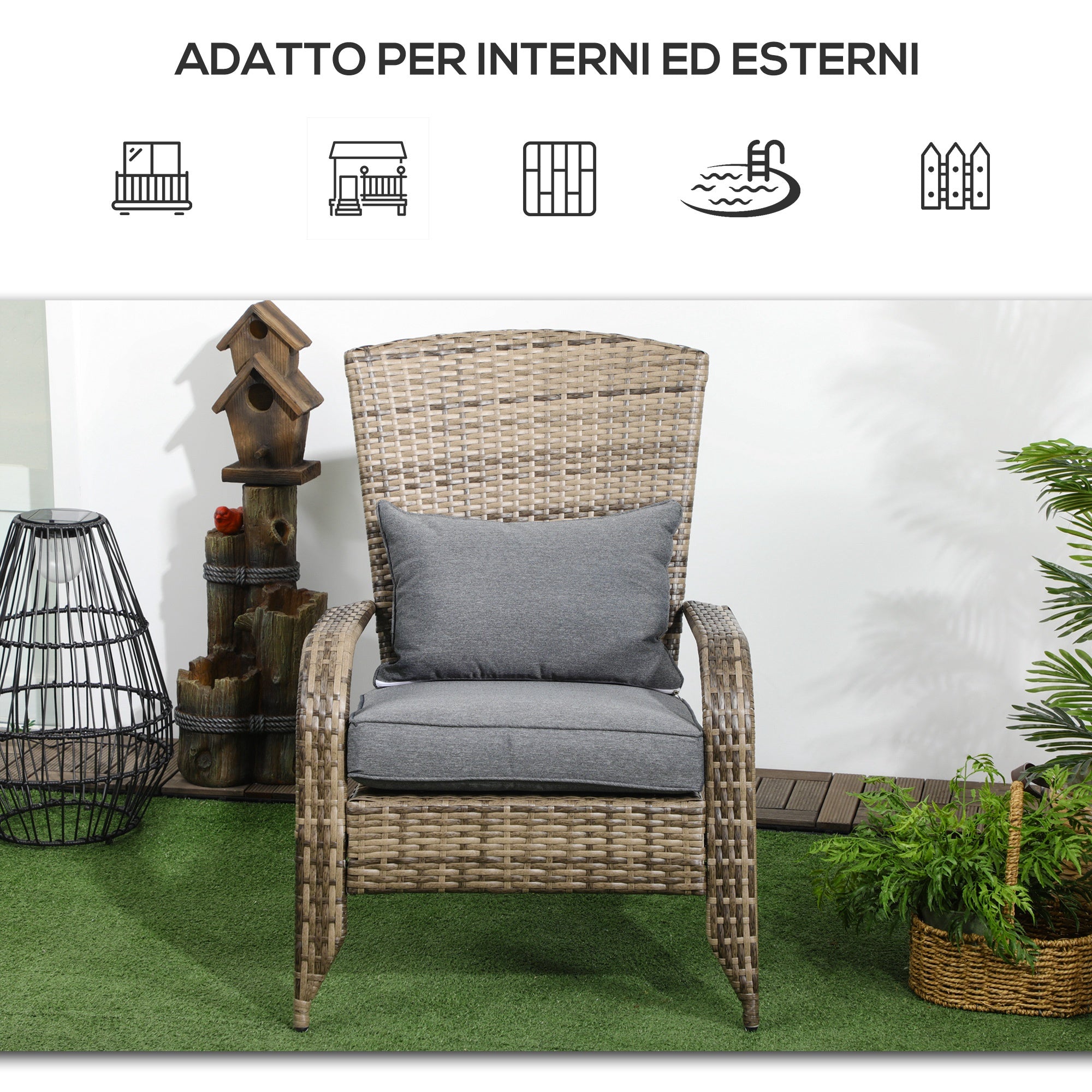 Adirondack Garden Chair with Armrests and Cushions, Rattan and Steel Chair for Indoors and Outdoors, 64x80x90 cm, Dark Gray