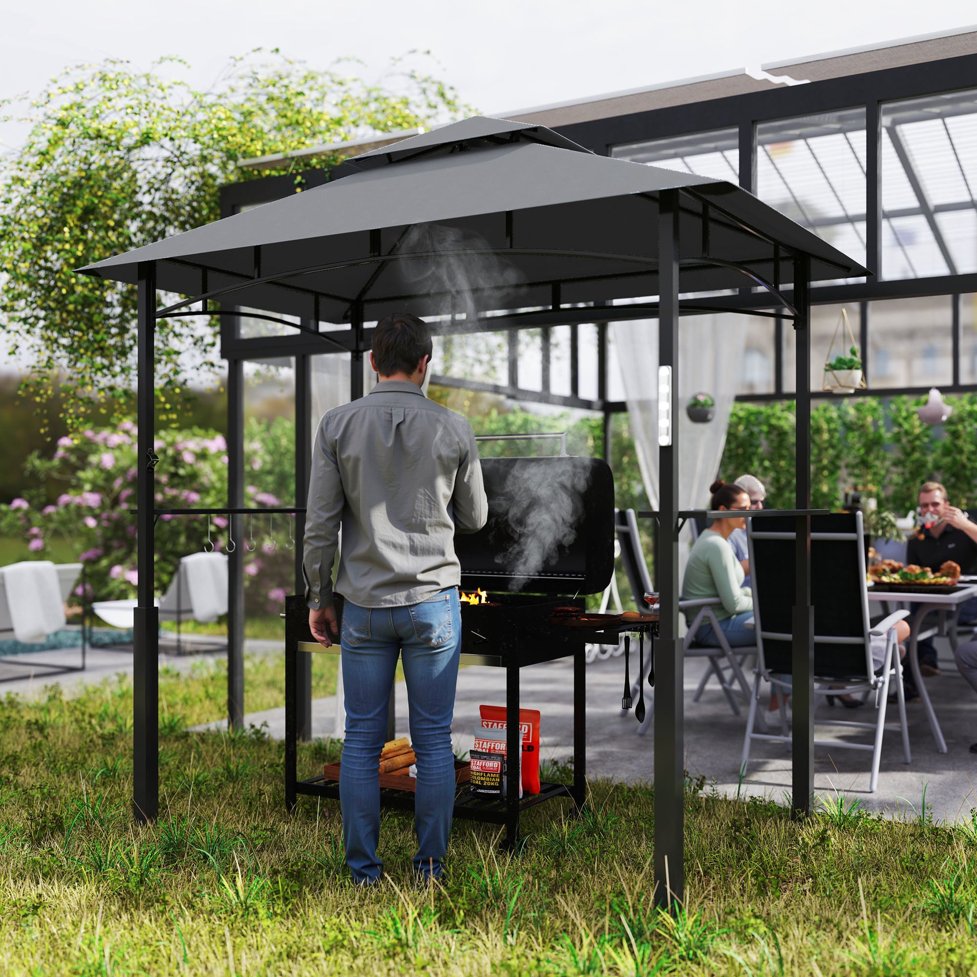 Grill Pavilion with LED 243 x 148 x 248 cm Waterproof Flame Retardant Garden Pavilion with Double Roof, Side Shelves, Arbor with UV Protection, BBQ Pavilion Made of Metal Grill Tent for Party BBQ Grey