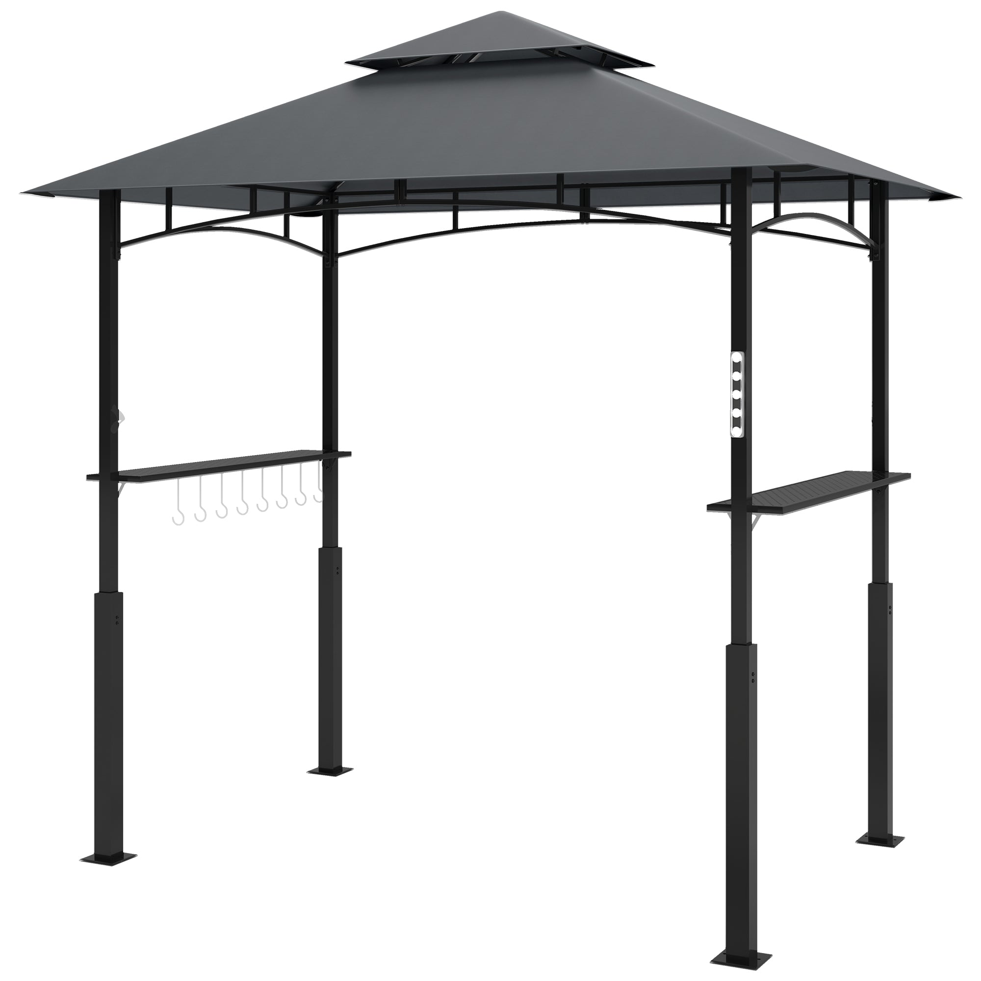 Grill Pavilion with LED 243 x 148 x 248 cm Waterproof Flame Retardant Garden Pavilion with Double Roof, Side Shelves, Arbor with UV Protection, BBQ Pavilion Made of Metal Grill Tent for Party BBQ Grey