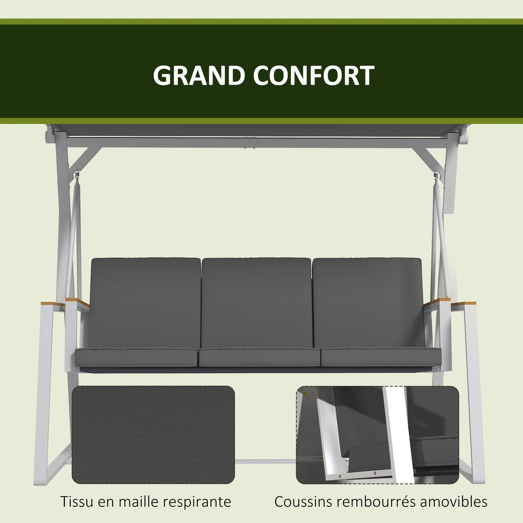 3-Seater Garden Swing with Adjustable Roof Incline, Provided Mattress, Steel Frame, Dimensions: 205L x 130W x 175H cm Dark Gray