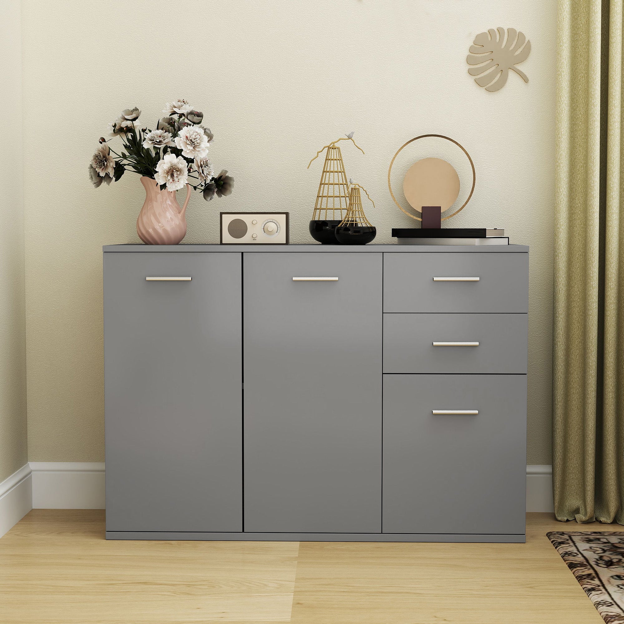 Living Room Sideboard with 3 Cabinets and 2 Drawers, Modern Space-Saving Sideboard with Adjustable Shelf in Wood, 106x35x76 cm, Light Gray