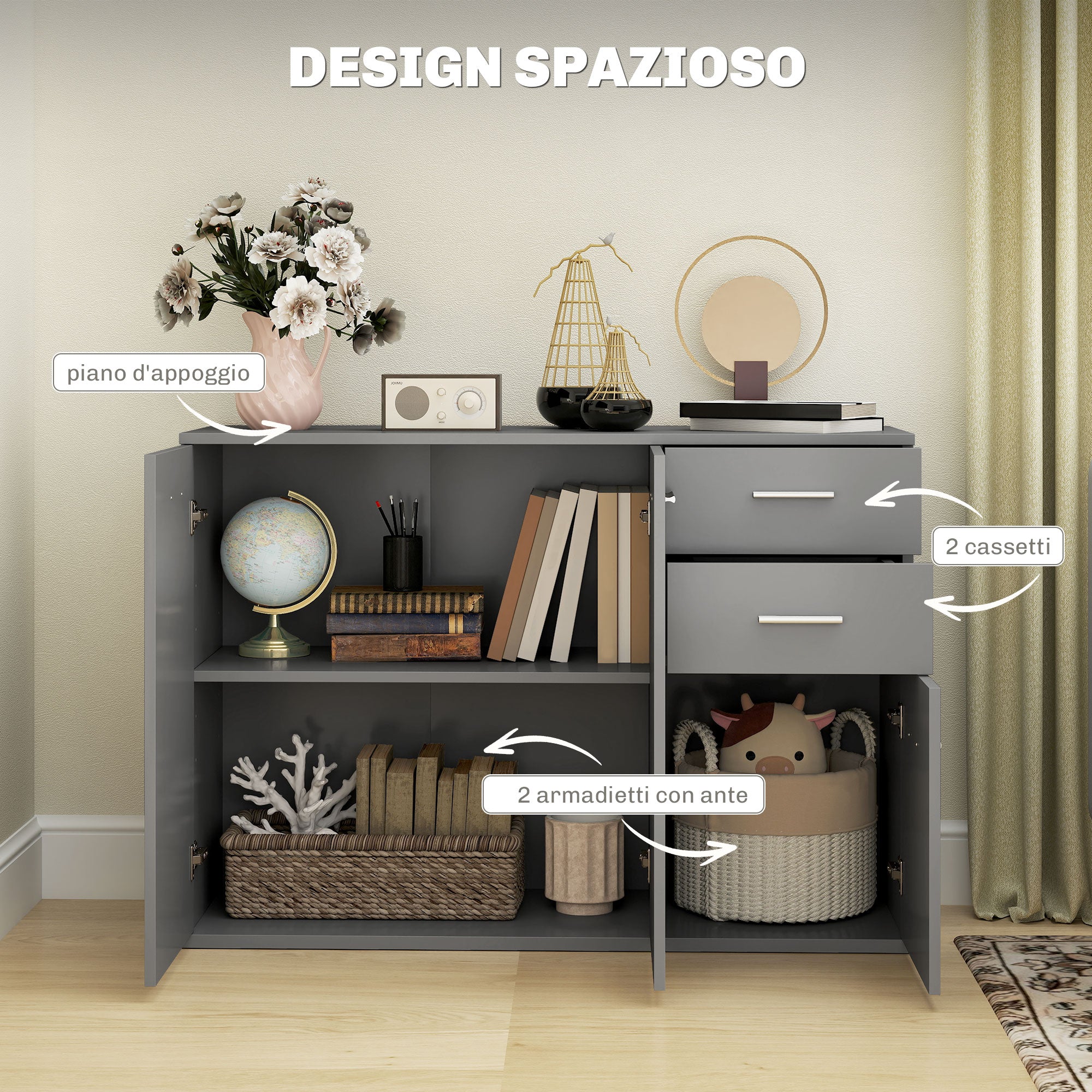 Living Room Sideboard with 3 Cabinets and 2 Drawers, Modern Space-Saving Sideboard with Adjustable Shelf in Wood, 106x35x76 cm, Light Gray