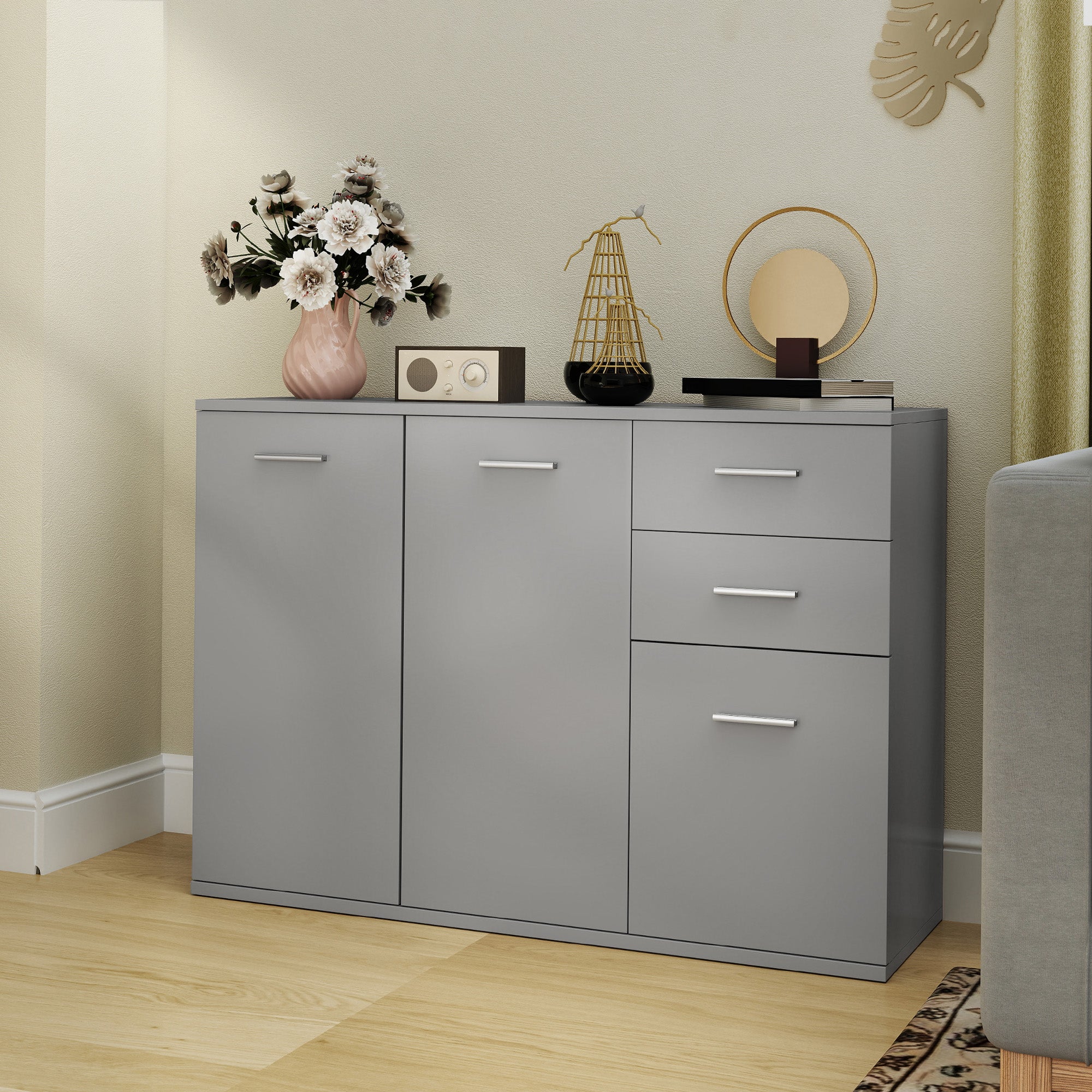 Living Room Sideboard with 3 Cabinets and 2 Drawers, Modern Space-Saving Sideboard with Adjustable Shelf in Wood, 106x35x76 cm, Light Gray