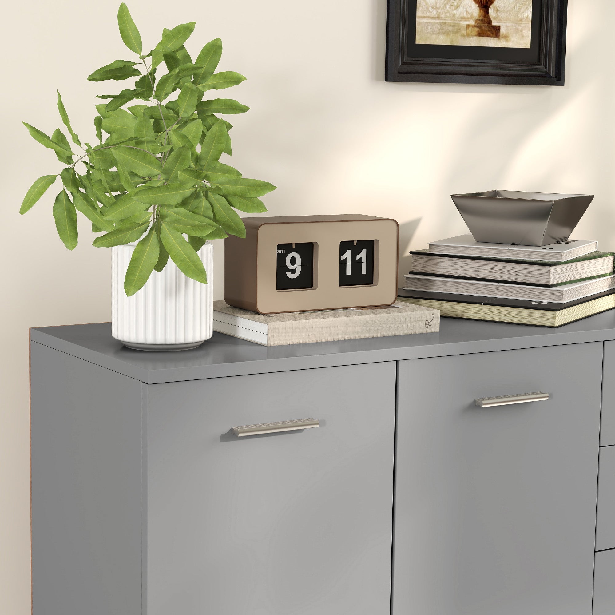 Living Room Sideboard with 3 Cabinets and 2 Drawers, Modern Space-Saving Sideboard with Adjustable Shelf in Wood, 106x35x76 cm, Light Gray