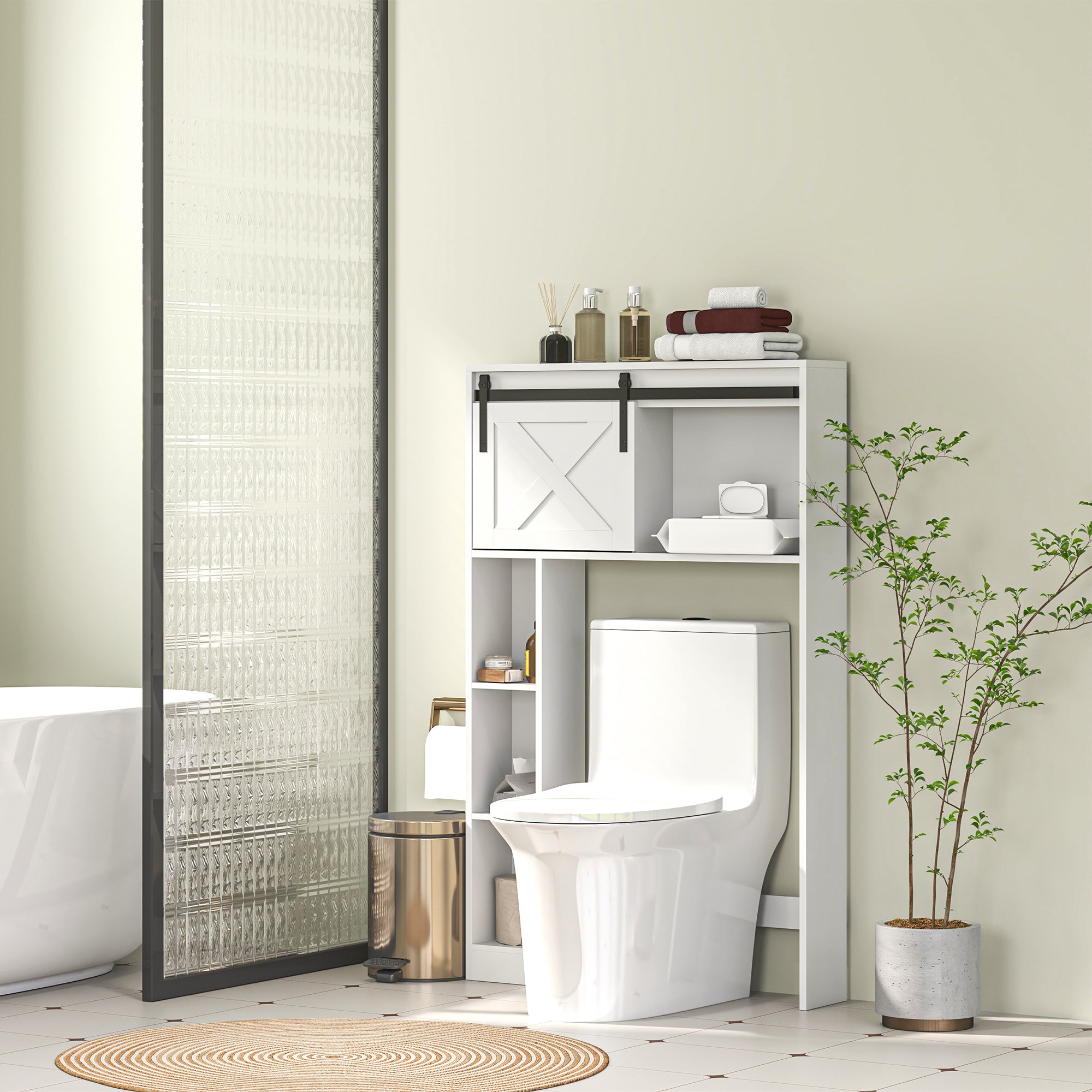 Over Toilet Storage Cabinet Bathroom Toilet Storage Cabinet with Sliding Door, Compartments, and Adjustable Shelf, White
