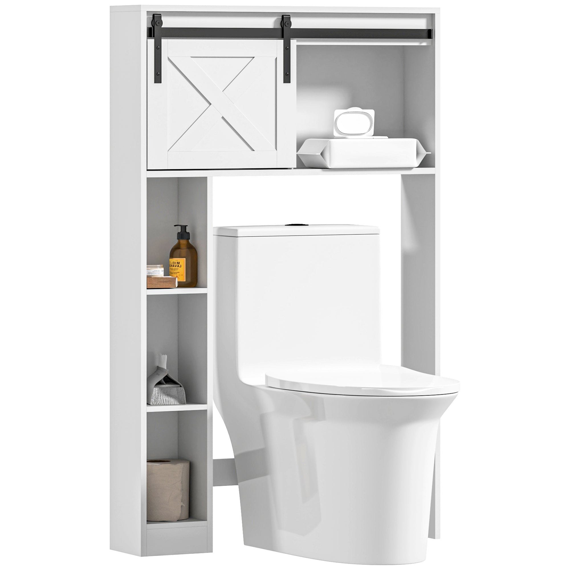 Over Toilet Storage Cabinet Bathroom Toilet Storage Cabinet with Sliding Door, Compartments, and Adjustable Shelf, White