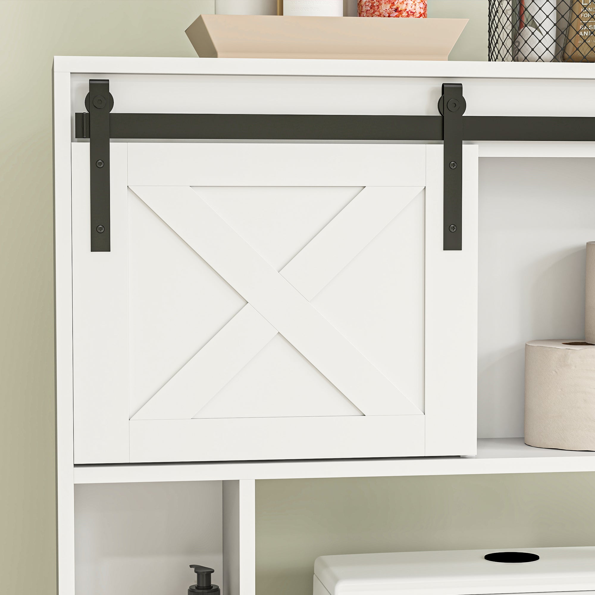 Over Toilet Storage Cabinet Bathroom Toilet Storage Cabinet with Sliding Door, Compartments, and Adjustable Shelf, White