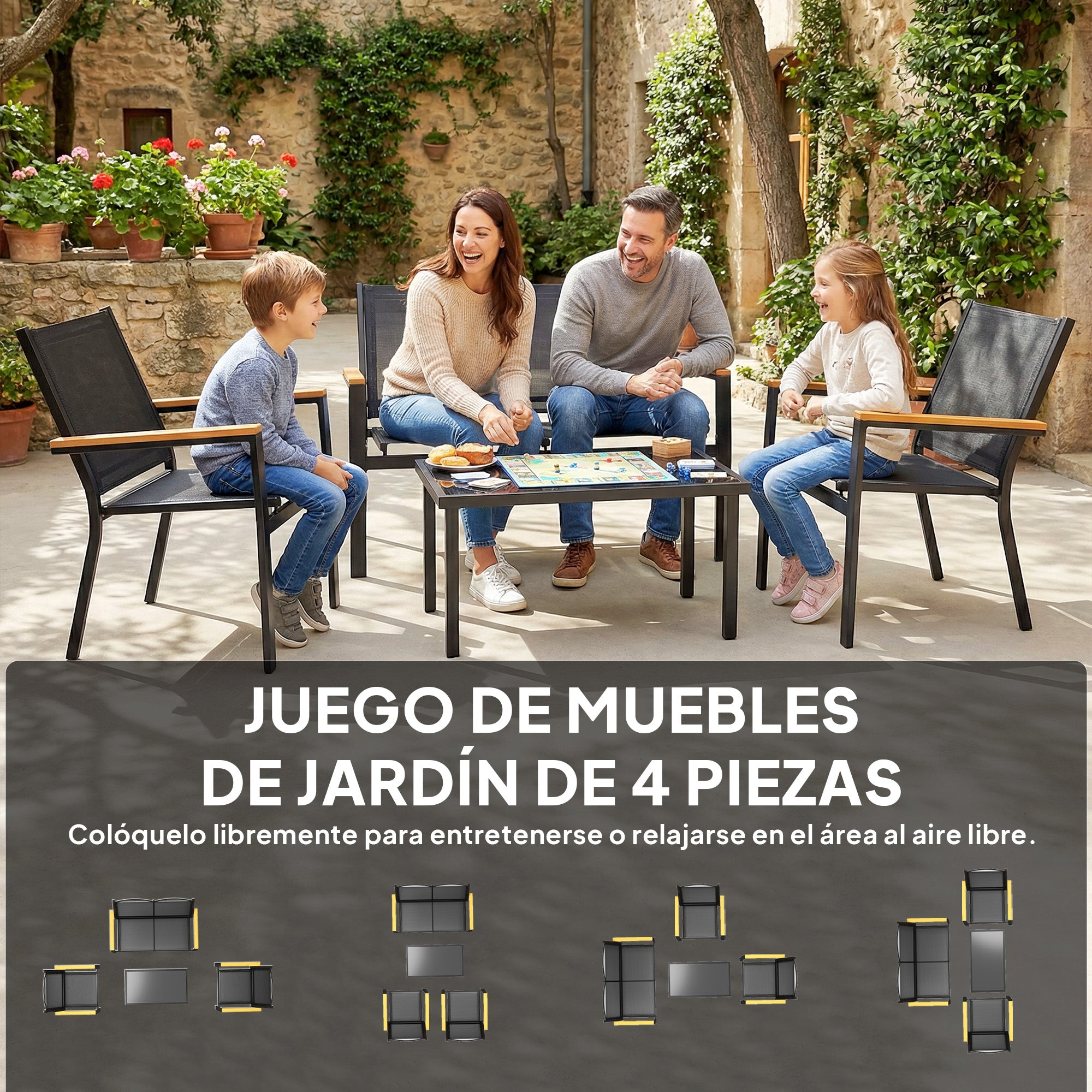 4-Piece Outdoor Patio Furniture Set — 2-Seat Sofa, 2 Armchairs & Tempered Glass Coffee Table, Textilene Fabric, Wide Composite Wood-Look Armrests, Black