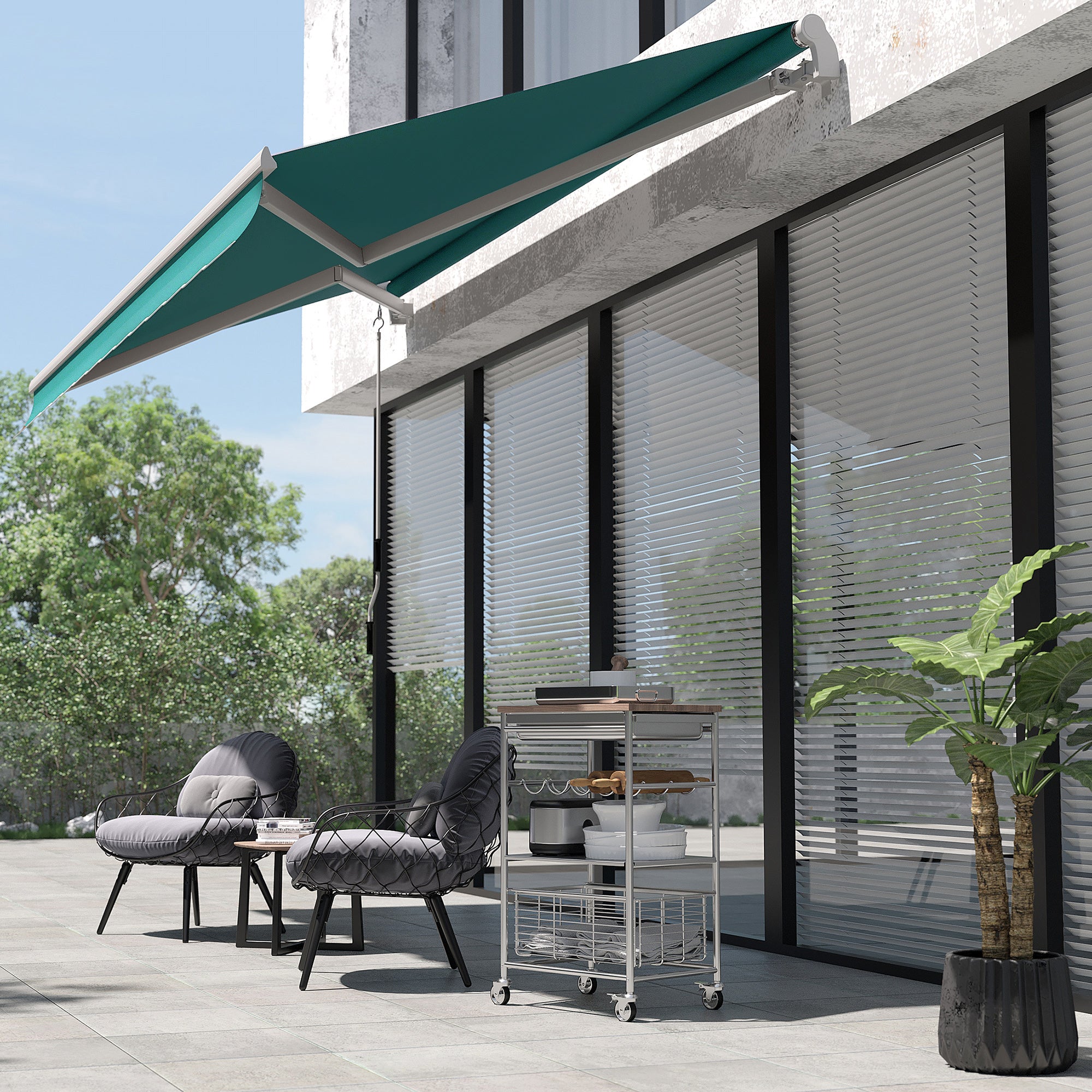 Manual Retractable Awning 395x245 cm Balcony Awning with Waterproof and Anti-UV Metal Crank Outdoor Roll-up Awning for Garden Terrace Windows Green