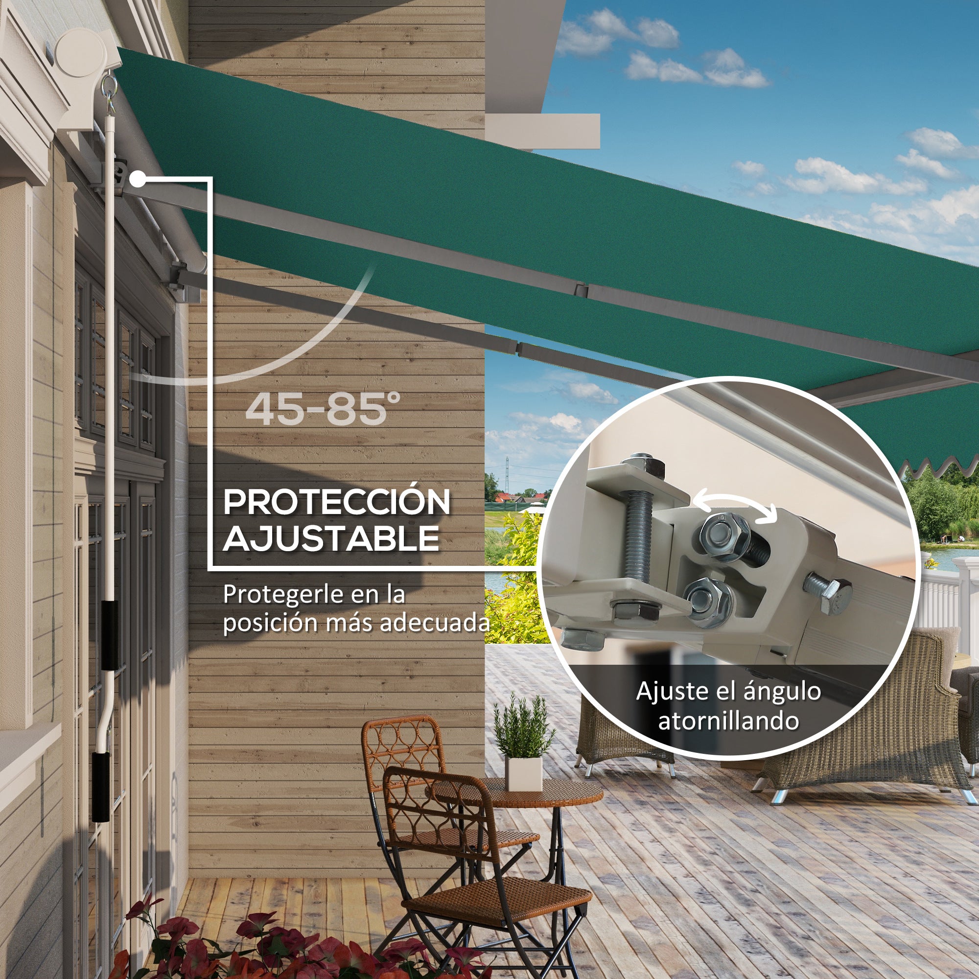 Manual Retractable Awning 395x245 cm Balcony Awning with Waterproof and Anti-UV Metal Crank Outdoor Roll-up Awning for Garden Terrace Windows Green