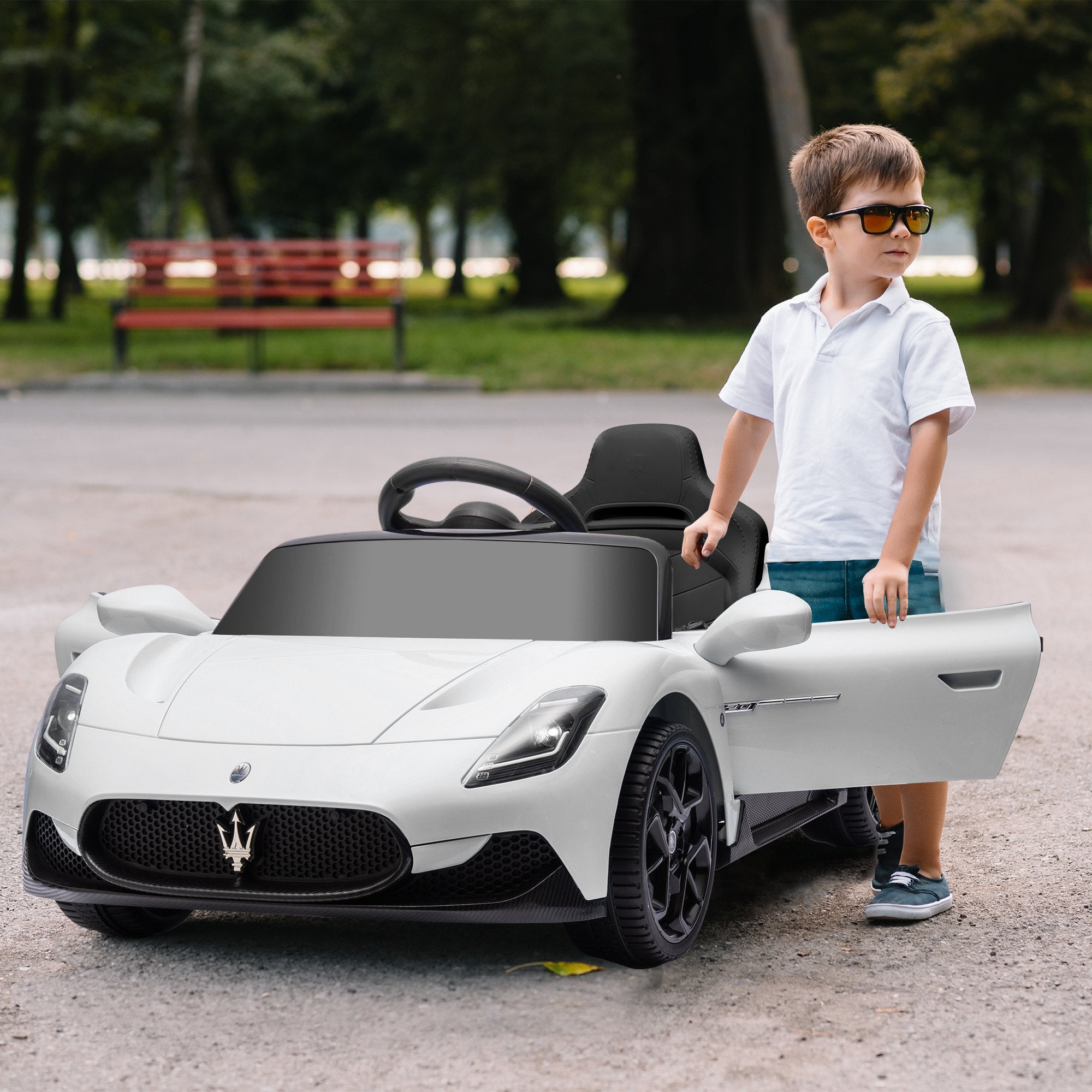 Licensed Maserati MC20 Electric Kids Car 12V with 2.4G Remote Control, Smooth Start, LED Lights, Music and Horn, Spring Suspension, 3-6 Years, White