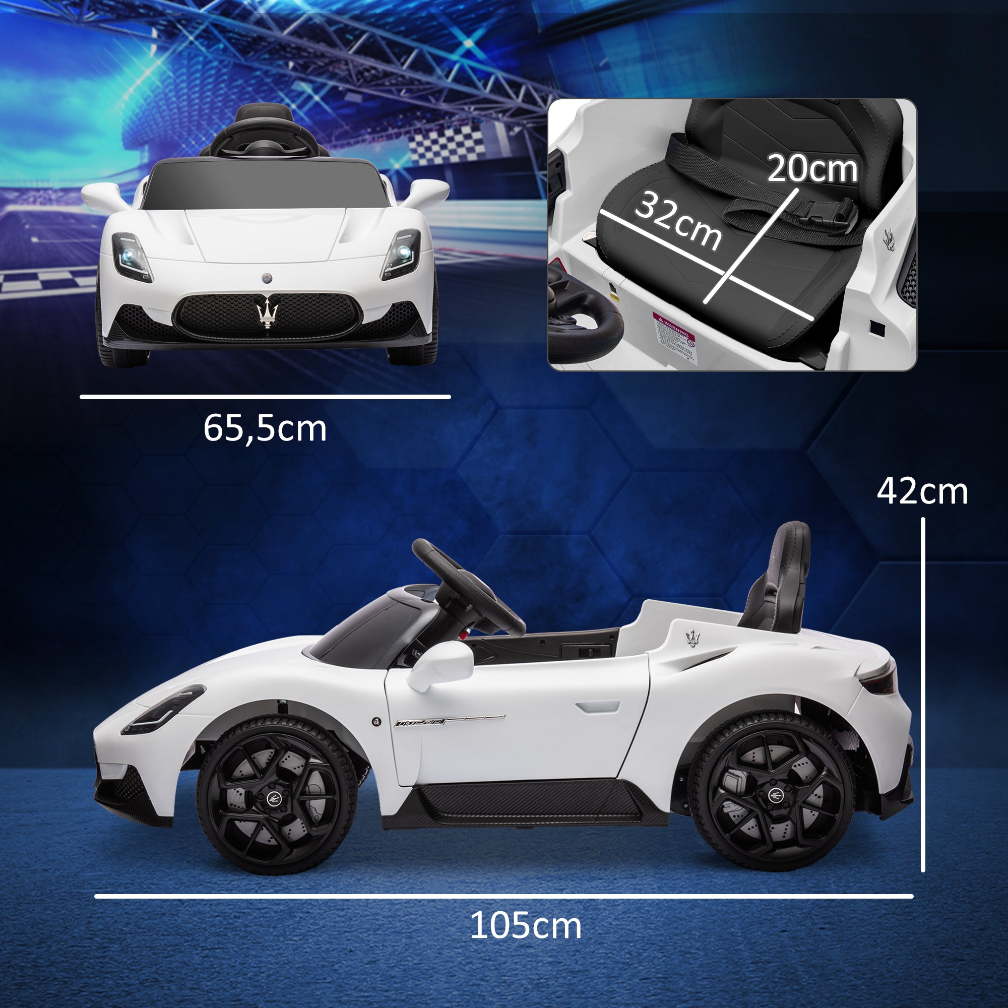 Licensed Maserati MC20 Electric Kids Car 12V with 2.4G Remote Control, Smooth Start, LED Lights, Music and Horn, Spring Suspension, 3-6 Years, White