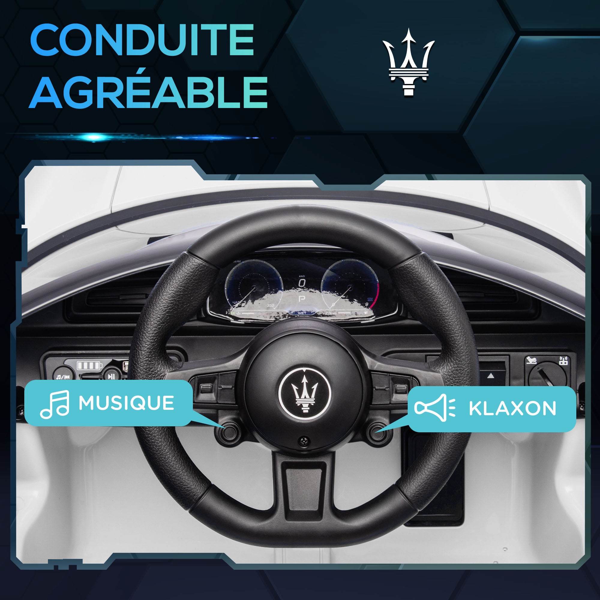 Licensed Maserati MC20 Electric Kids Car 12V with 2.4G Remote Control, Smooth Start, LED Lights, Music and Horn, Spring Suspension, 3-6 Years, White