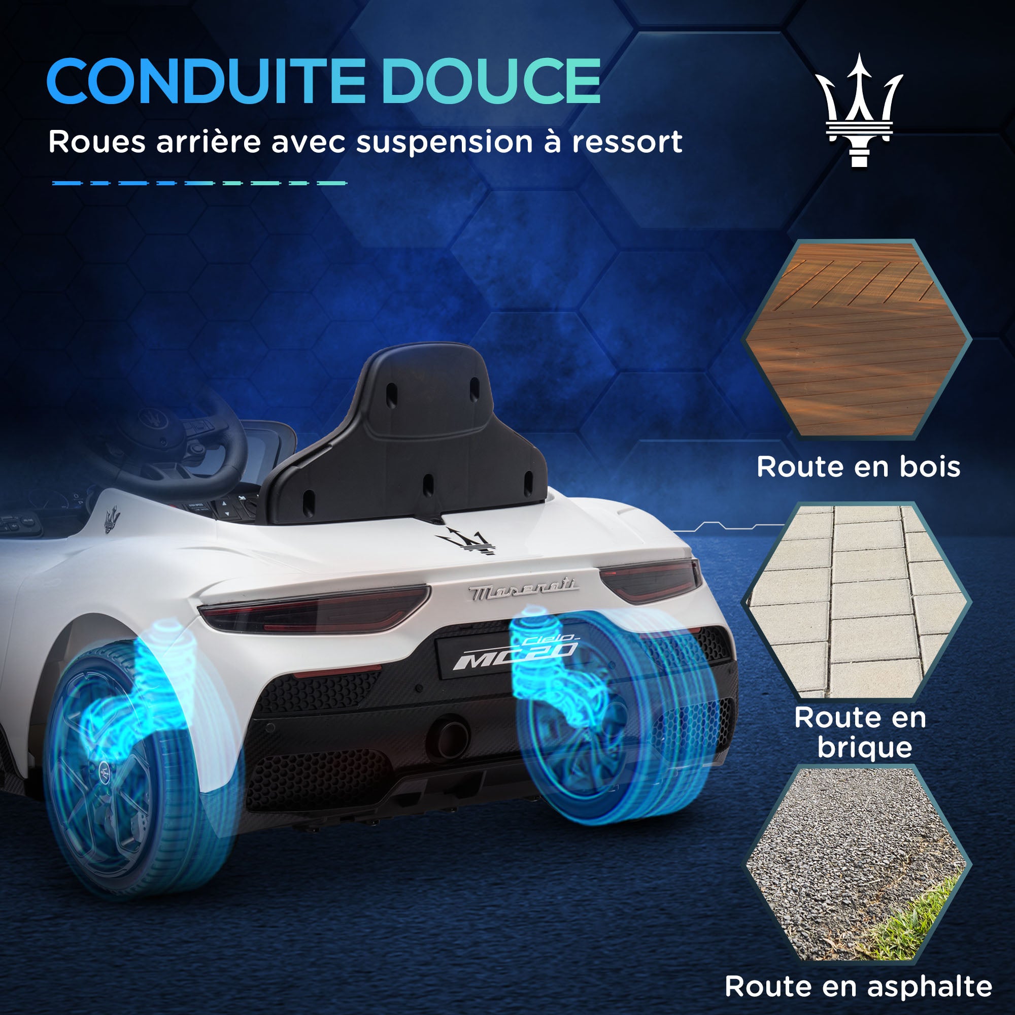 Licensed Maserati MC20 Electric Kids Car 12V with 2.4G Remote Control, Smooth Start, LED Lights, Music and Horn, Spring Suspension, 3-6 Years, White