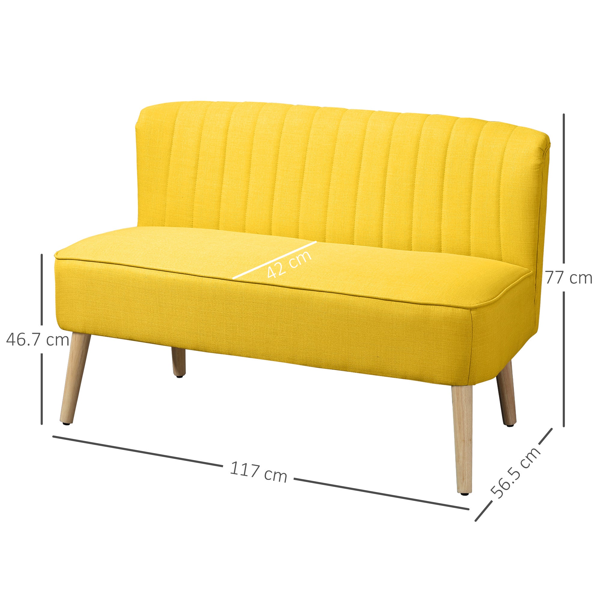 Armless 2-Seater Fabric Sofa with Decorative Stitching — Padded, Space-Saving Modern Sofa with Rubberwood Legs, 46.1 x 22.2 x 30.3 in, Yellow