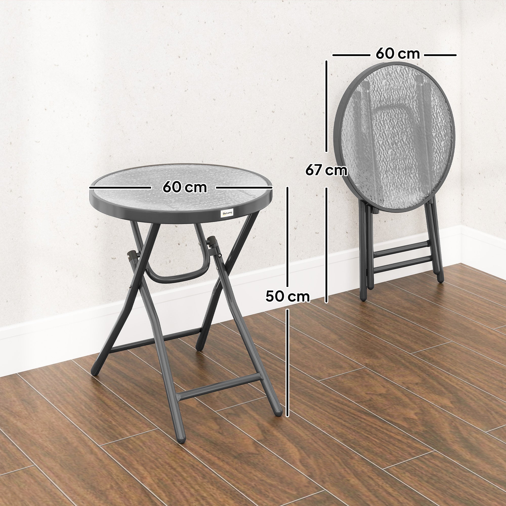 Round Bistro Garden Coffee Table Ø 60 x 50H cm Foldable Black Metal Tempered Glass Top