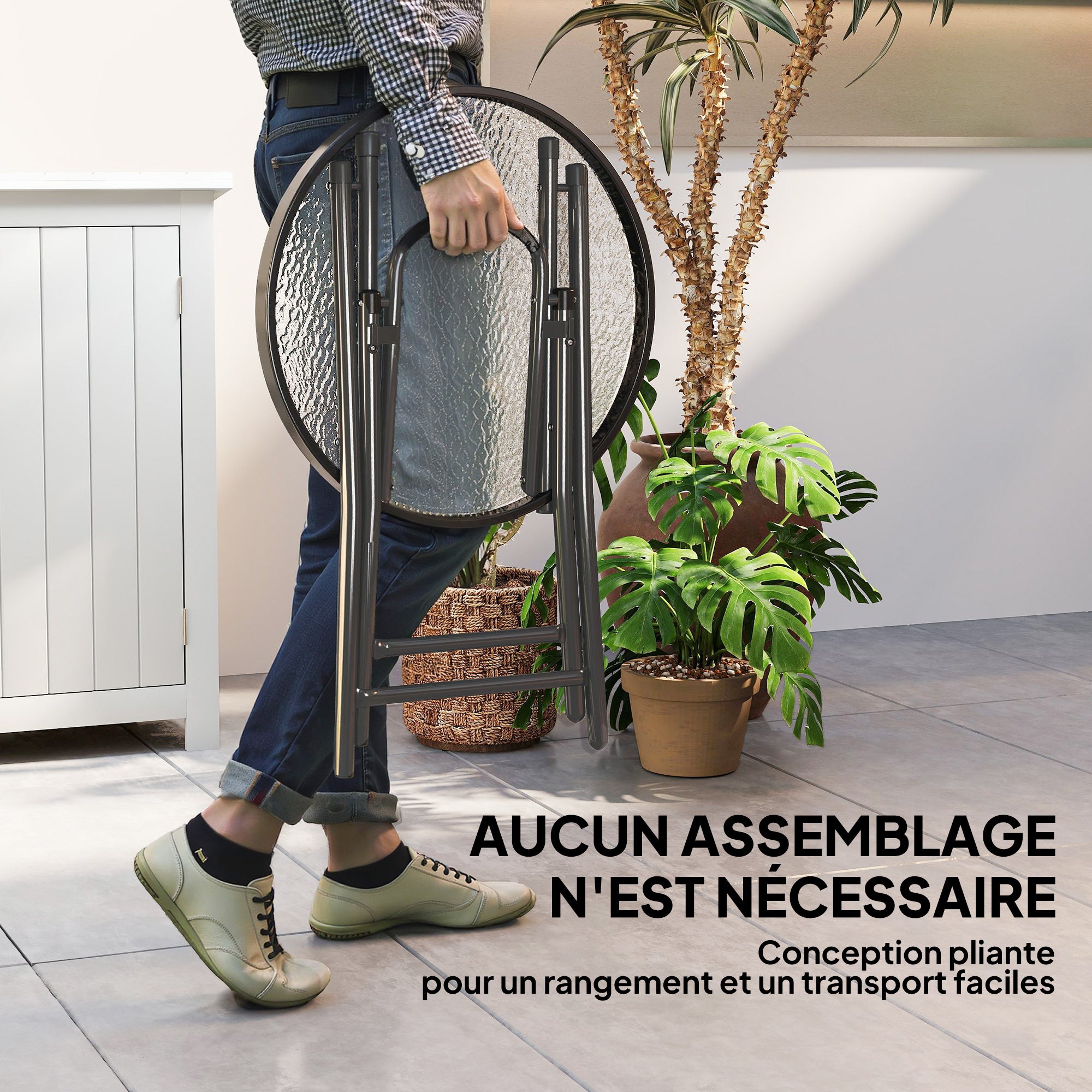 Round Bistro Garden Coffee Table Ø 60 x 50H cm Foldable Black Metal Tempered Glass Top