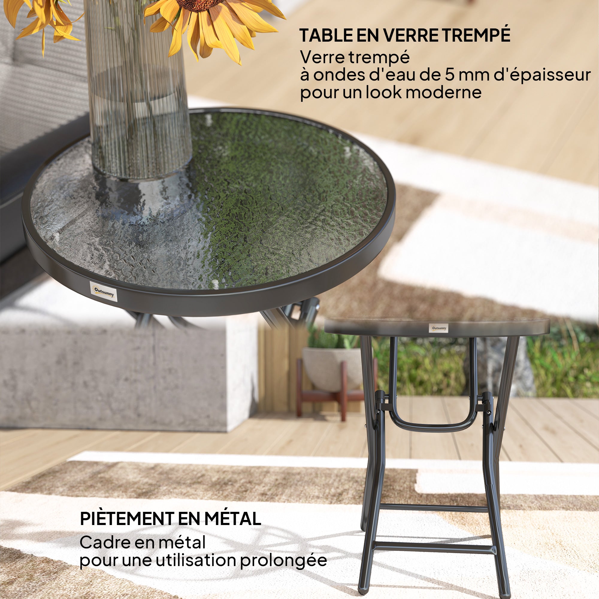 Round Bistro Garden Coffee Table Ø 60 x 50H cm Foldable Black Metal Tempered Glass Top