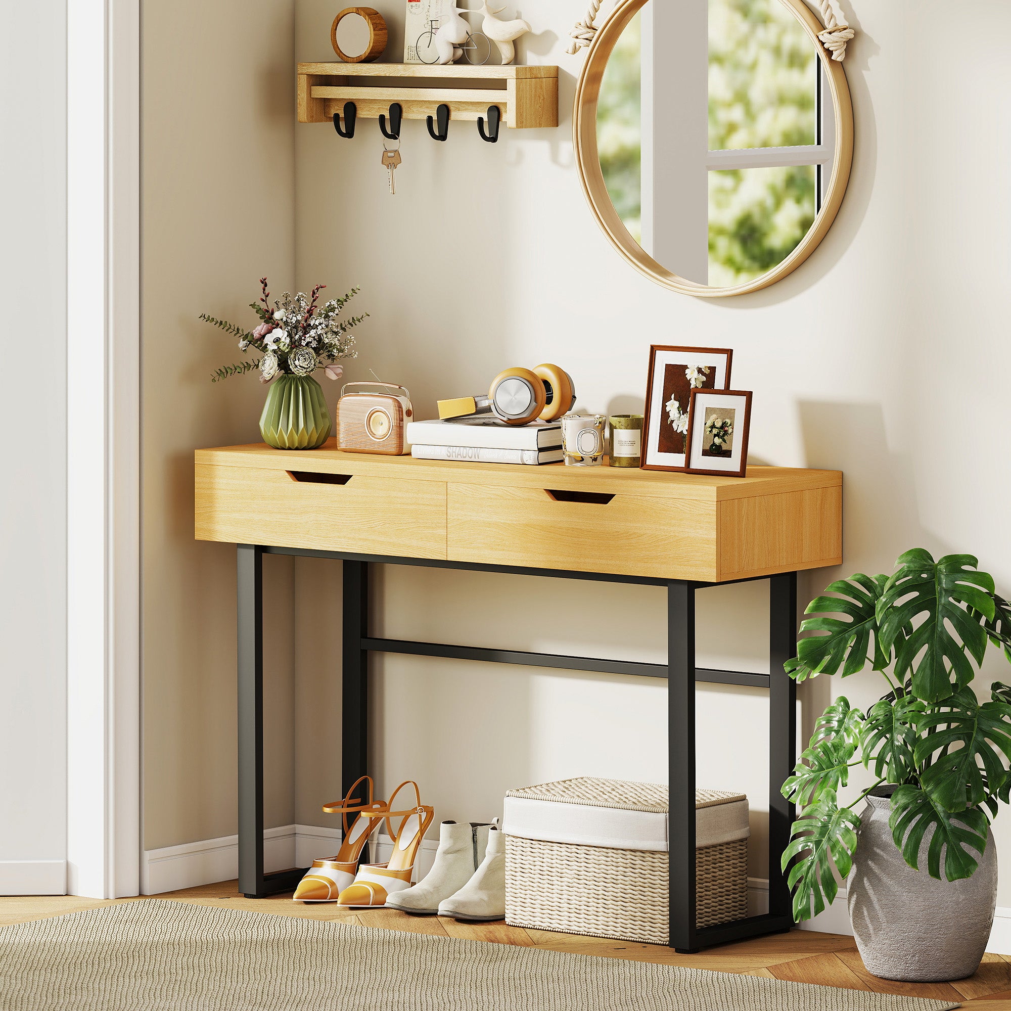 Narrow Console Table with 2 Drawers, Industrial Metal Frame, Natural – 110 × 35 × 76.5 cm (43.3″ × 13.8″ × 30.1″)