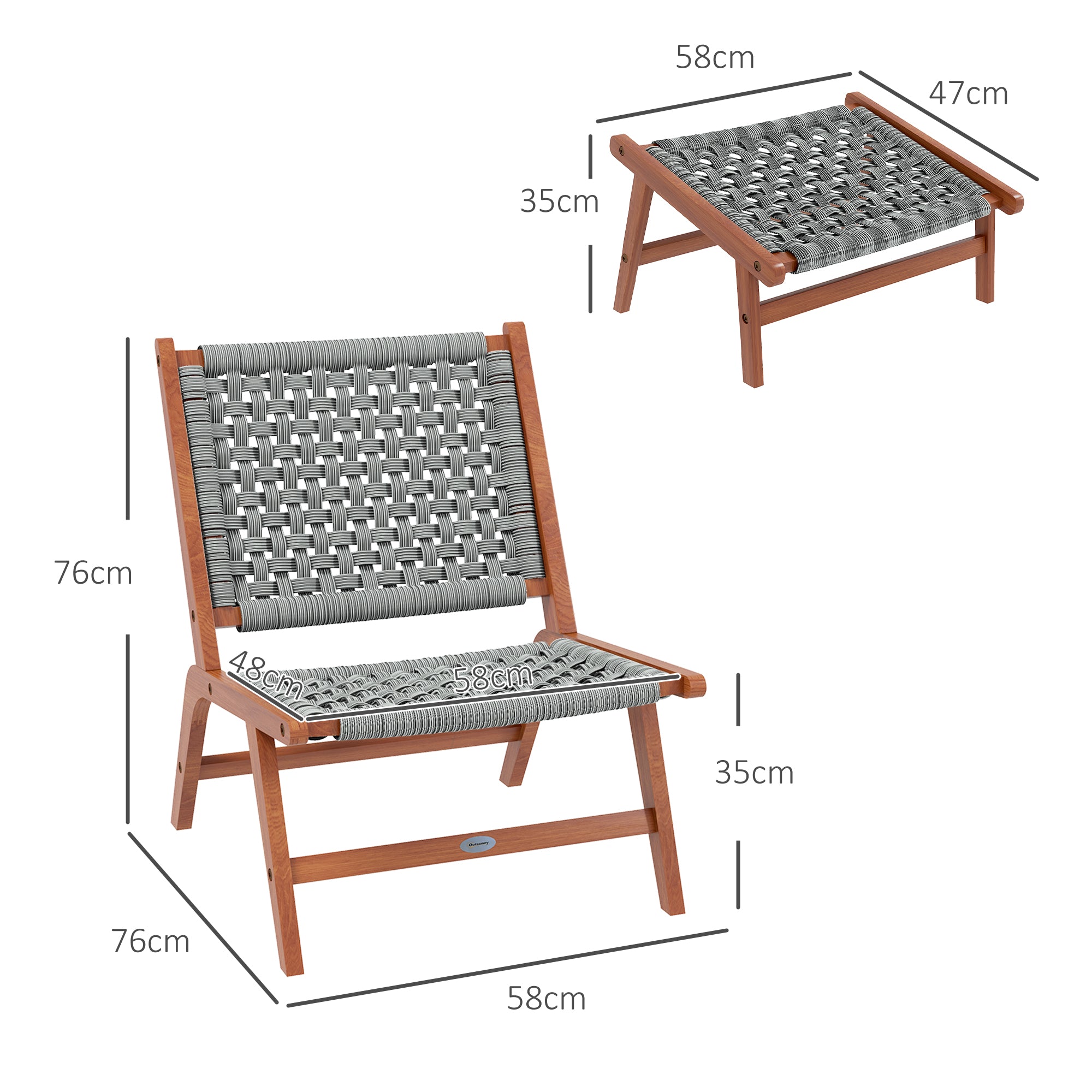 Garden Chair with Footrest - Relaxation Chair in Acacia Wood and Woven Resin - Natural, Gray