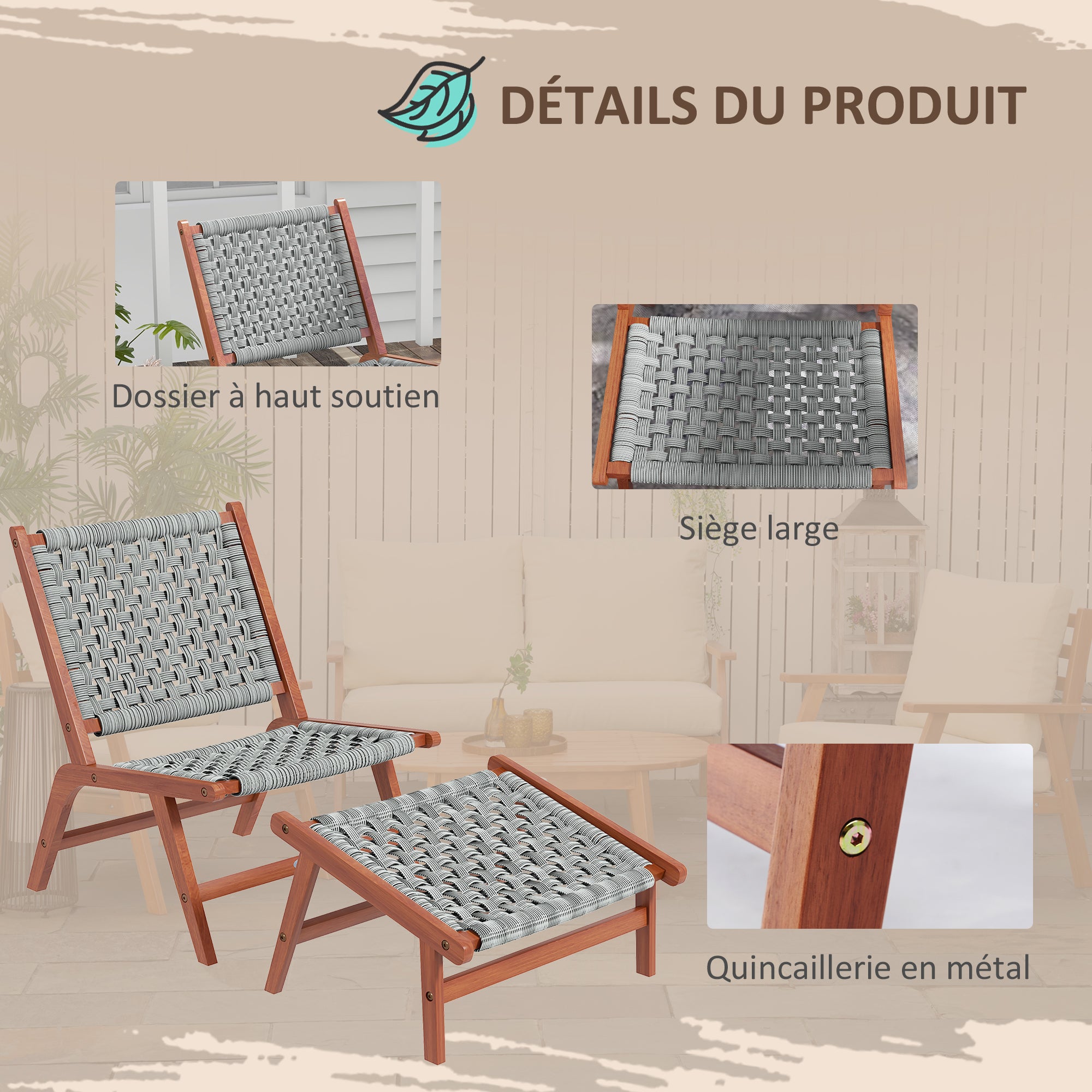 Garden Chair with Footrest - Relaxation Chair in Acacia Wood and Woven Resin - Natural, Gray