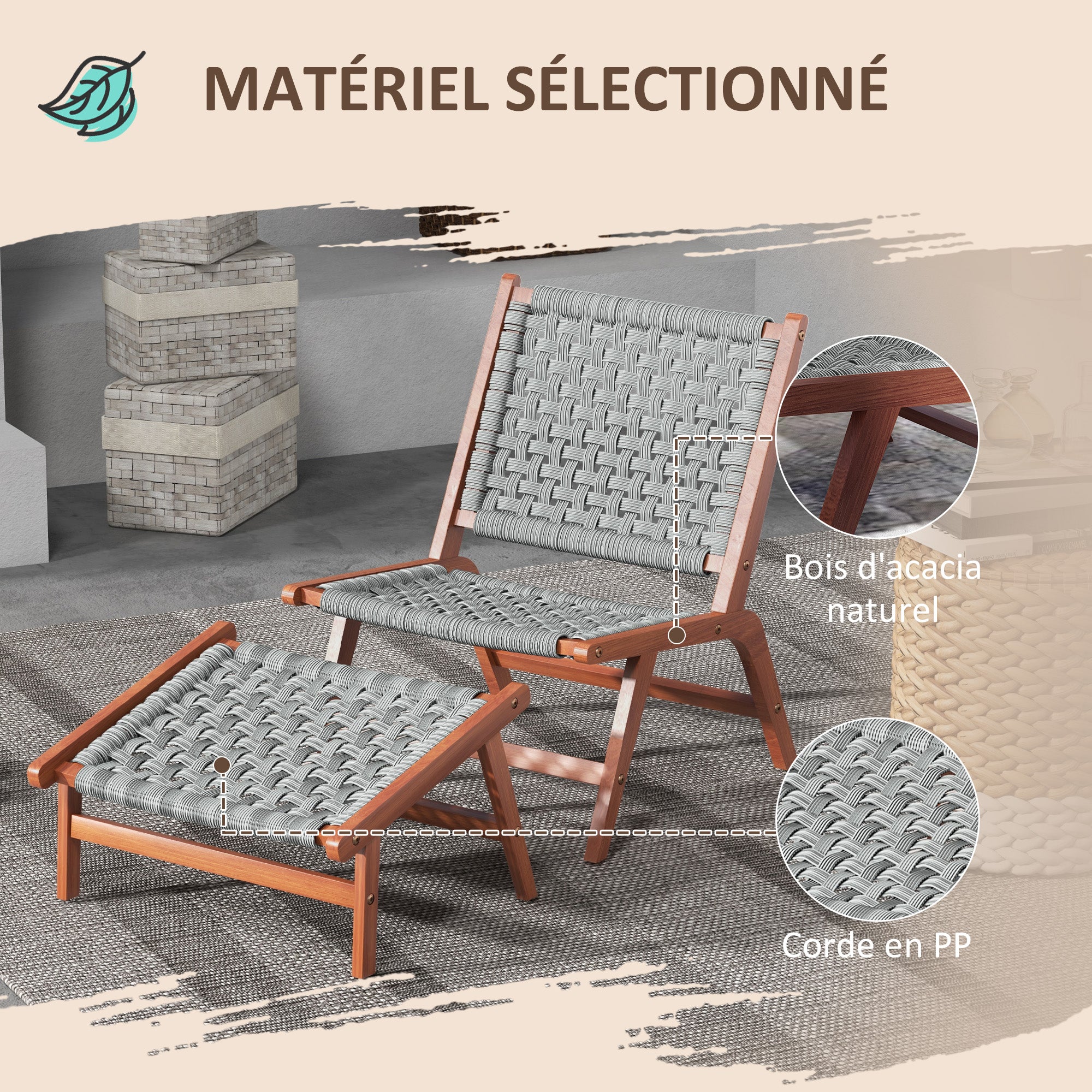 Garden Chair with Footrest - Relaxation Chair in Acacia Wood and Woven Resin - Natural, Gray
