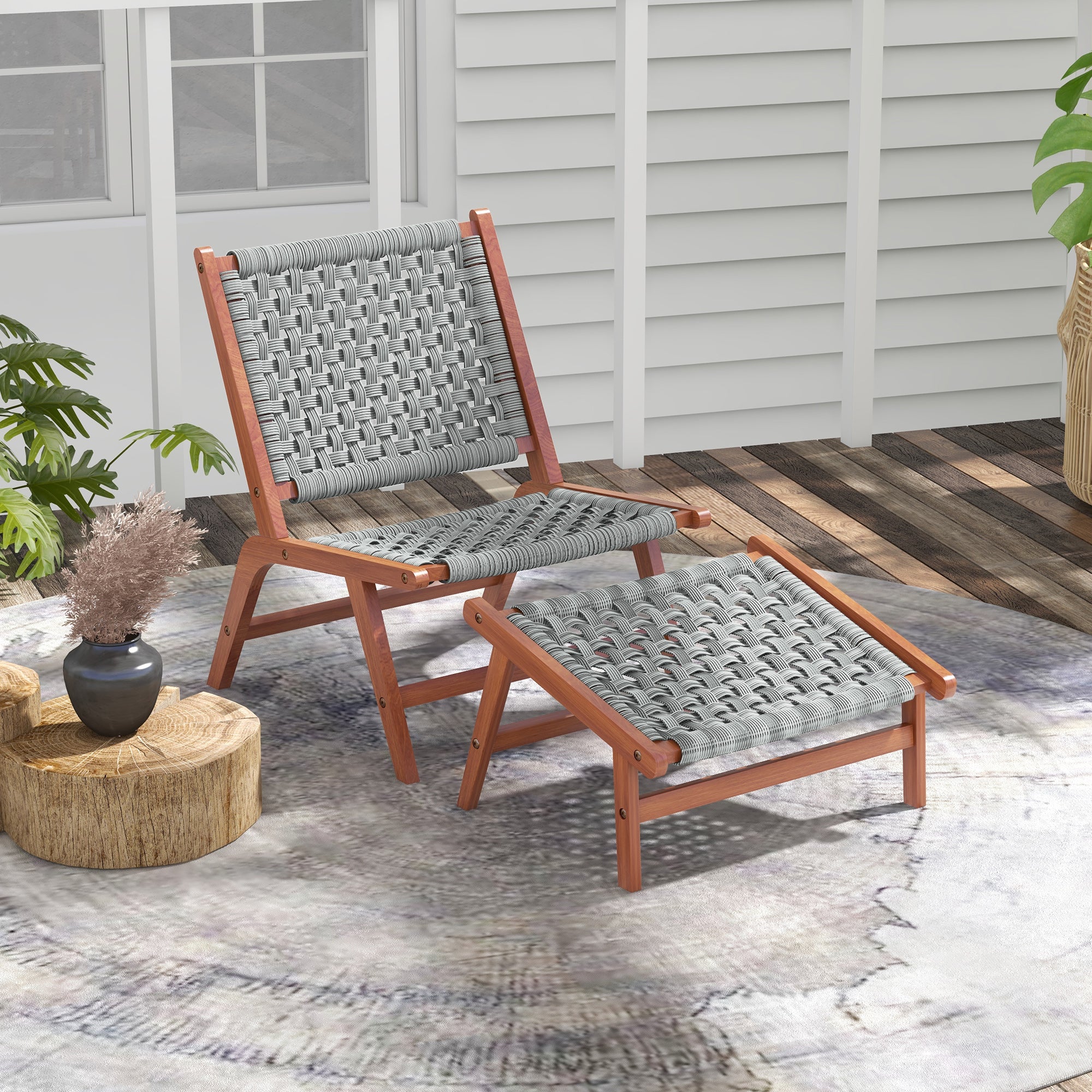 Garden Chair with Footrest - Relaxation Chair in Acacia Wood and Woven Resin - Natural, Gray
