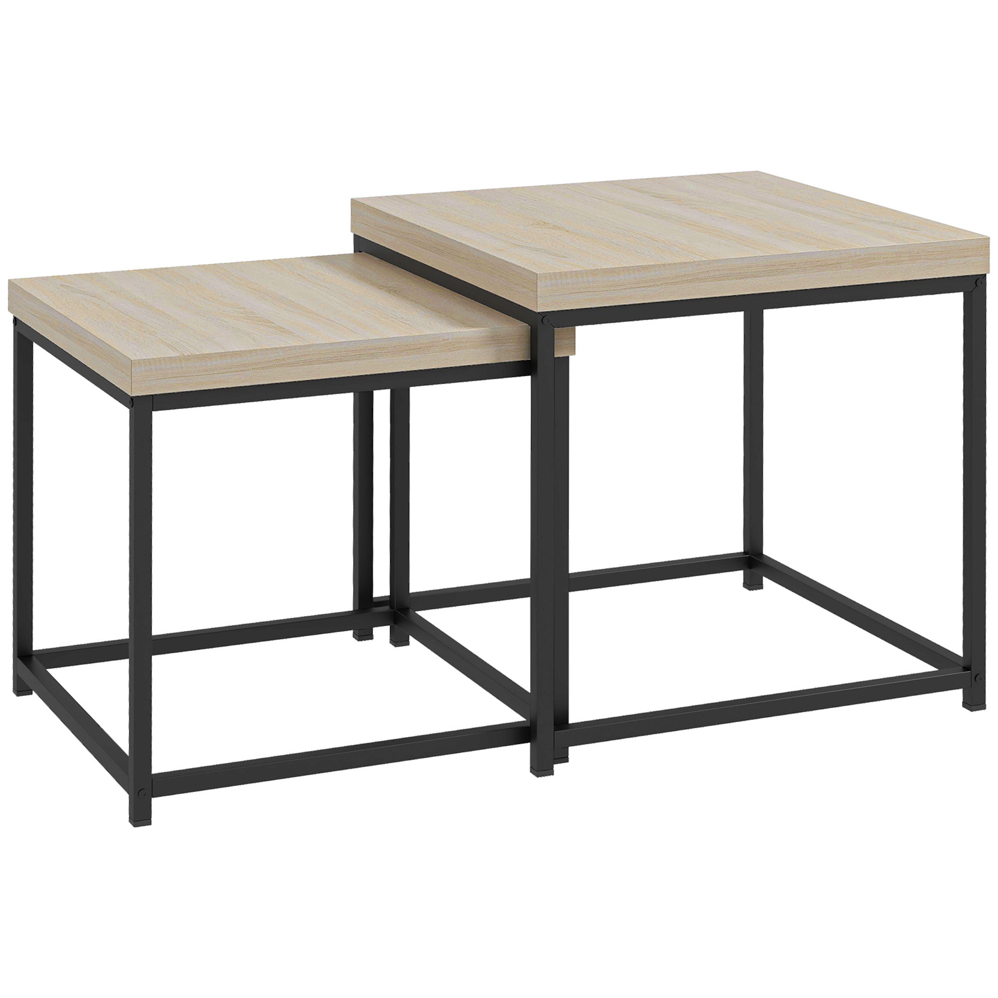 Set of 2 Nesting Side Tables Coffee Tables Square Living Room Tables Steel Frame and Light Wood Grain Tabletops